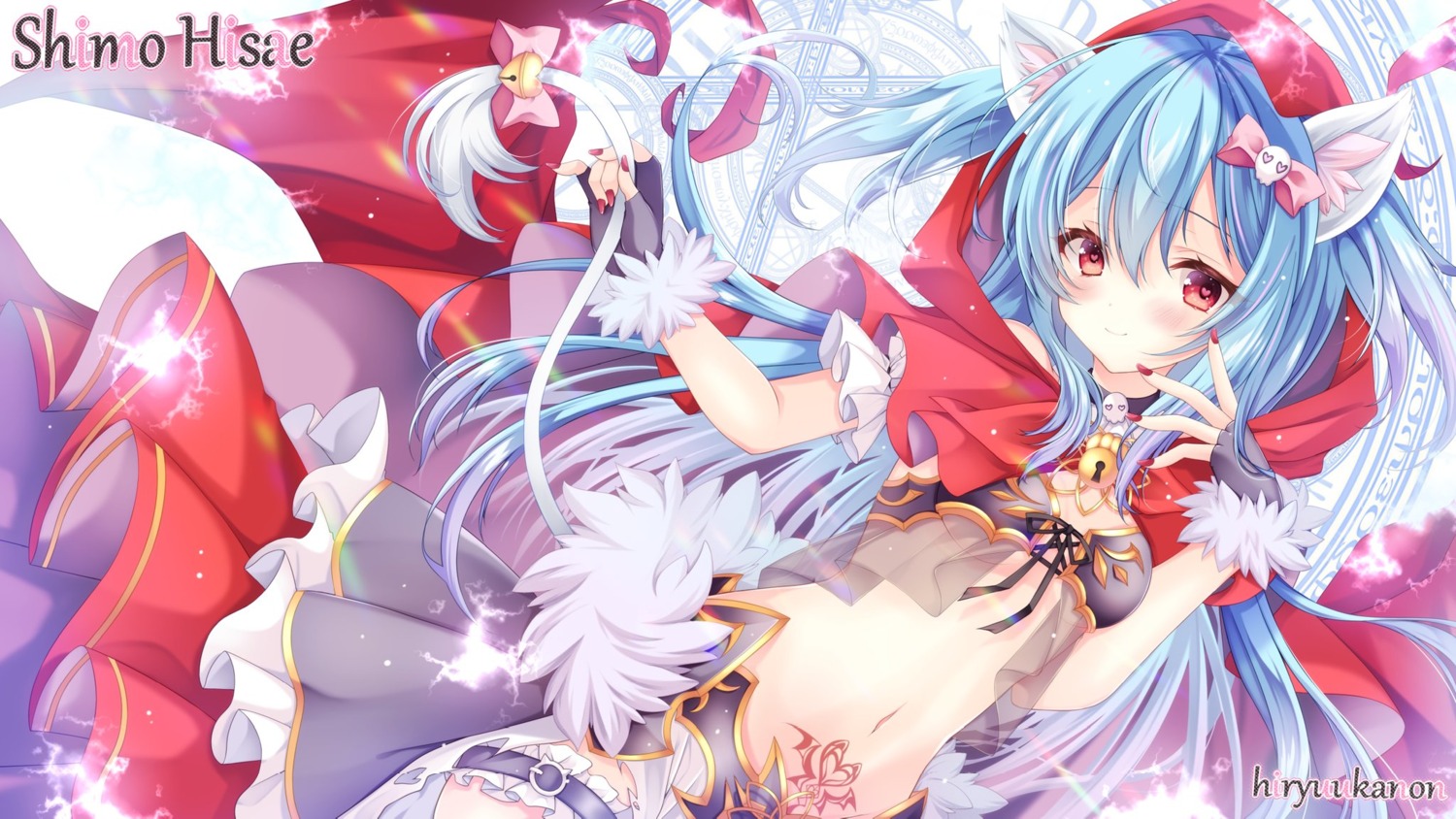 animal_ears bikini_armor cosplay garter hiryuu_kanon indie_virtual_youtuber kureha_(sound_voltex) little_red_riding_hood_(character) see_through skirt_lift sound_voltex tail tattoo torn_clothes