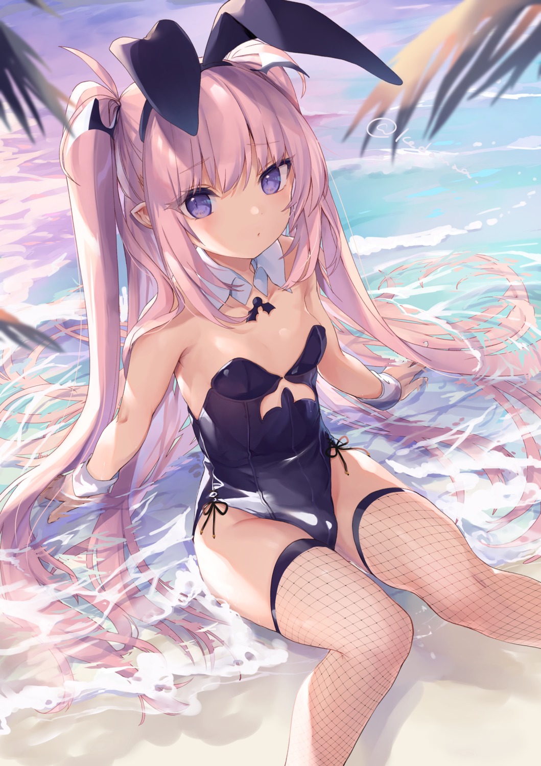 animal_ears bunny_ears bunny_girl fishnets hippeastrum_hybridum loli no_bra pointy_ears tamano_kedama thighhighs wet