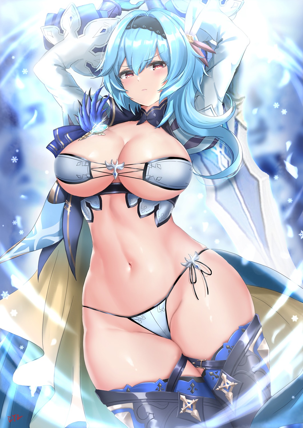 bra cyicheng eula garter genshin_impact open_shirt pantsu string_panties sword thighhighs