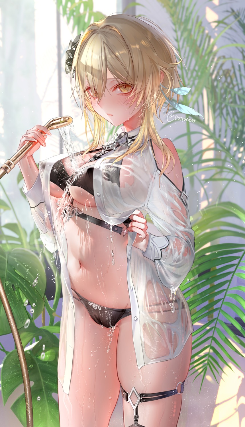 bathing bra cameltoe erect_nipples garter genshin_impact lumine open_shirt pantsu pottsness see_through undressing wet