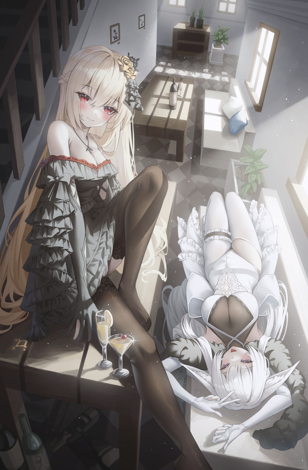 animal_ears cream_(cream) dress garter no_bra pantyhose see_through skirt_lift tagme thighhighs