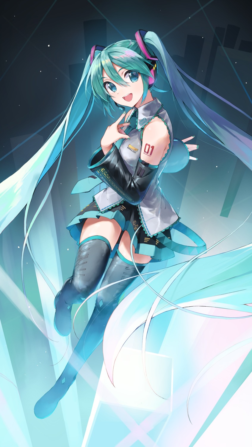 hatsune_miku headphones marie_(pixiv31942978) tattoo thighhighs vocaloid