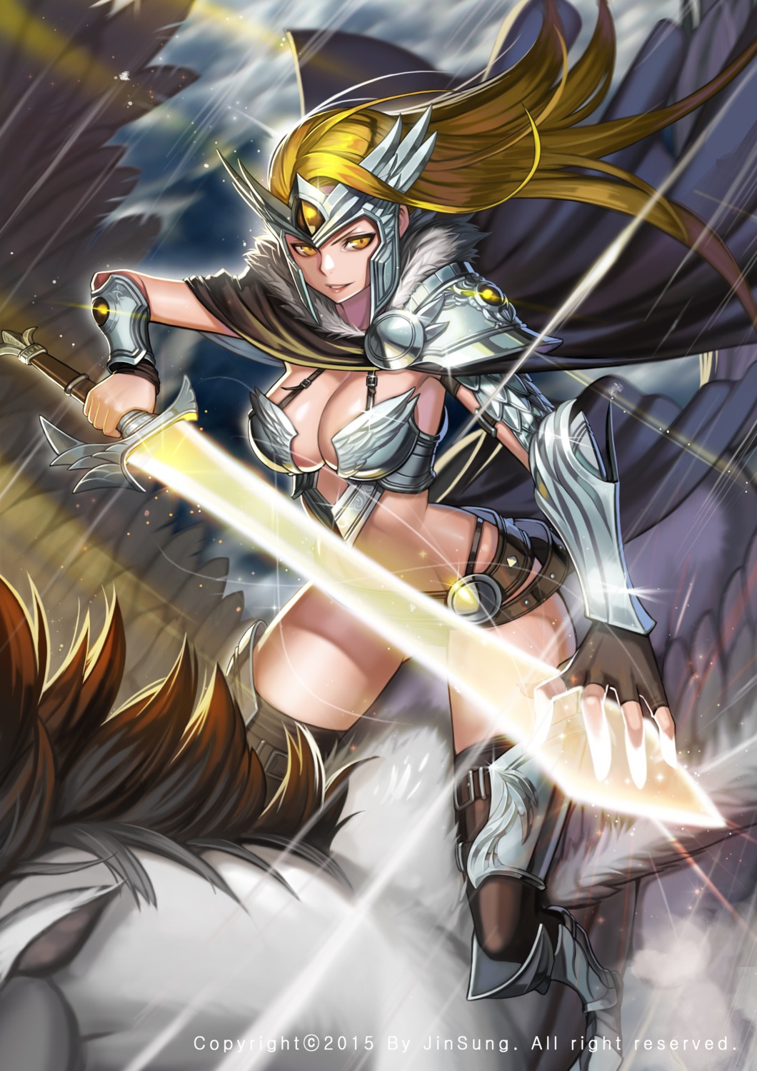 armor bikini_armor cleavage kim_jin_sung sword thighhighs wings