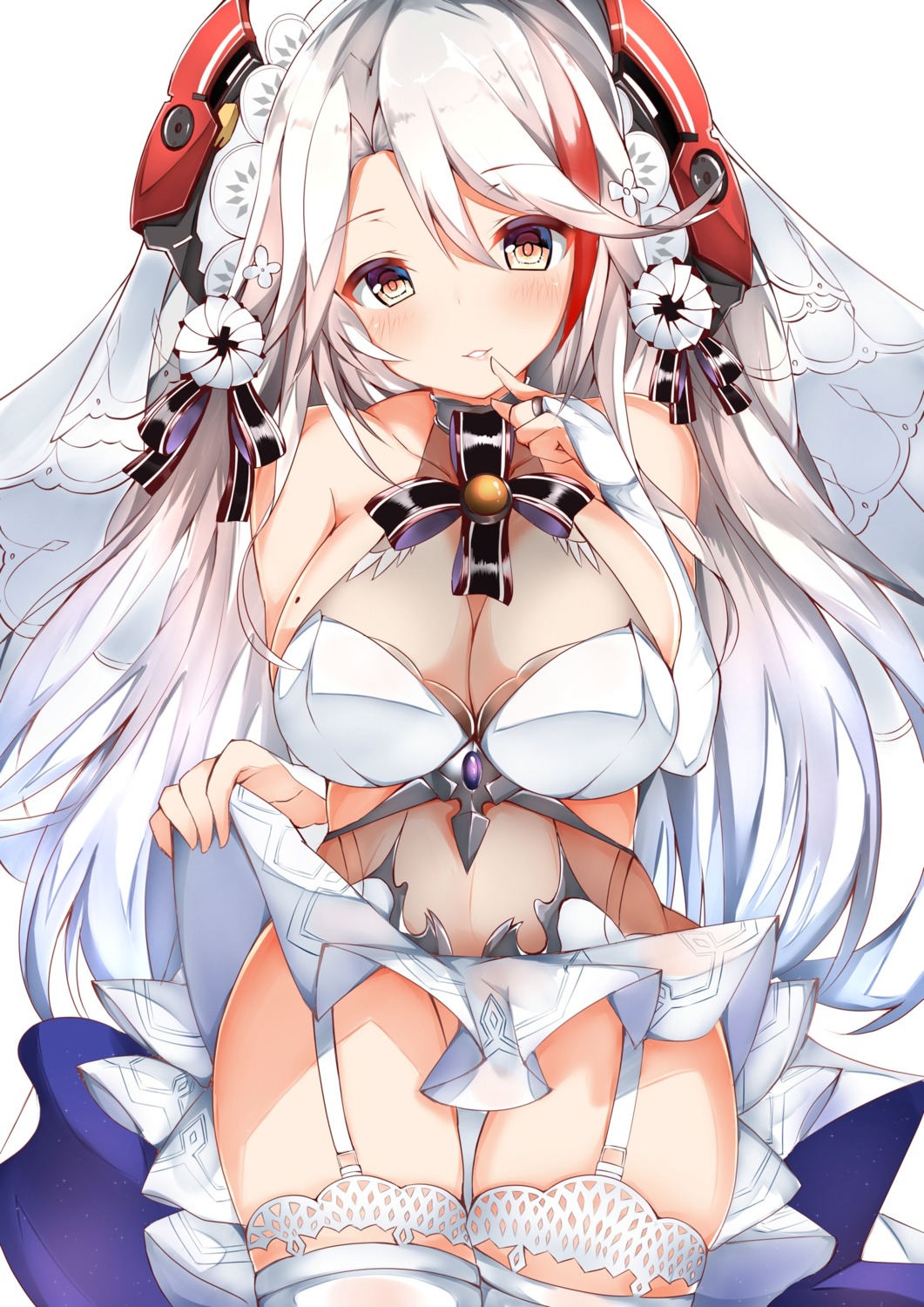 azur_lane cleavage dress mutou_(94753939) prinz_eugen_(azur_lane) see_through skirt_lift stockings thighhighs wedding_dress