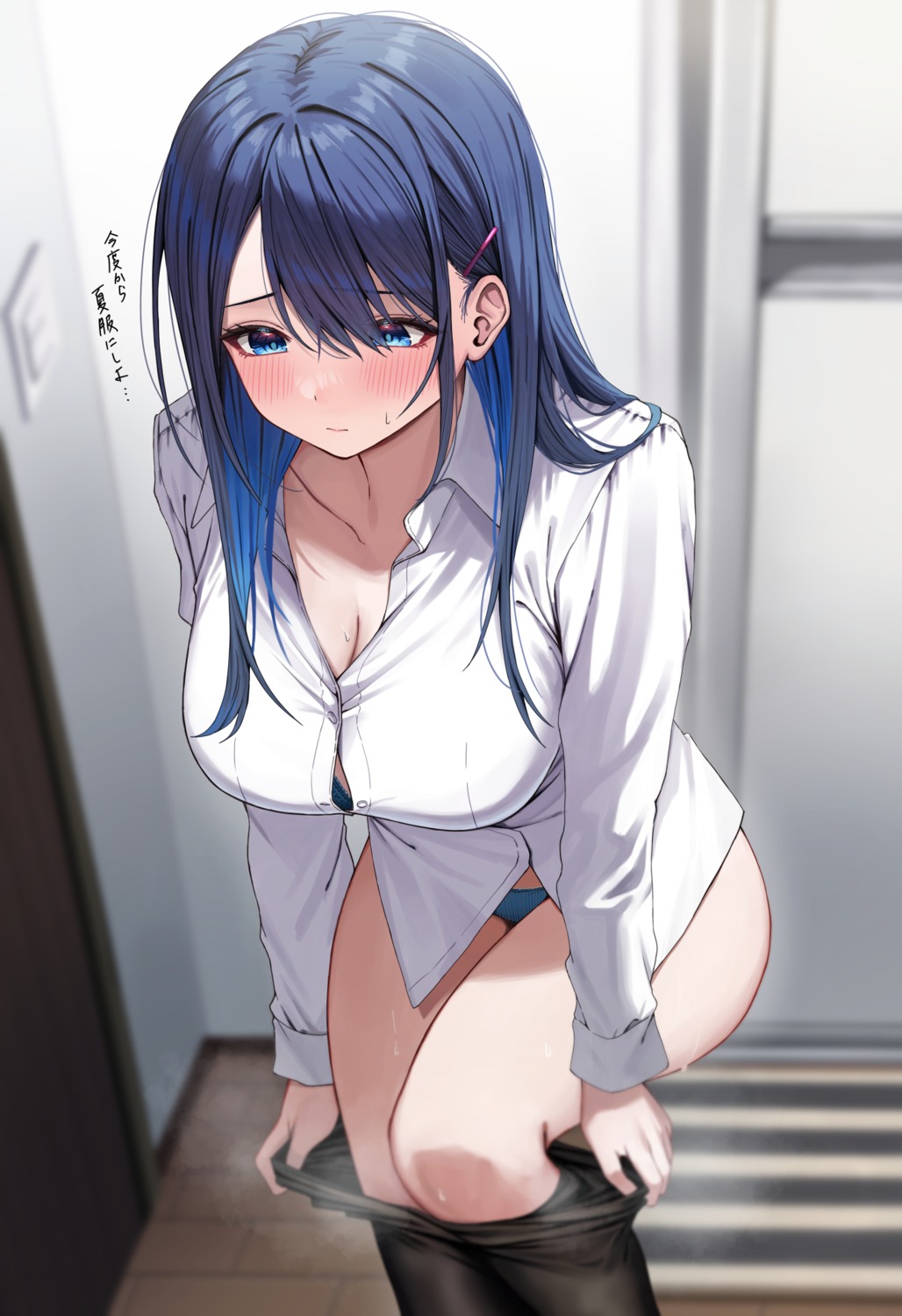 bra cleavage dress_shirt kouhai-chan_(udon.) open_shirt pantsu pantyhose udon. undressing