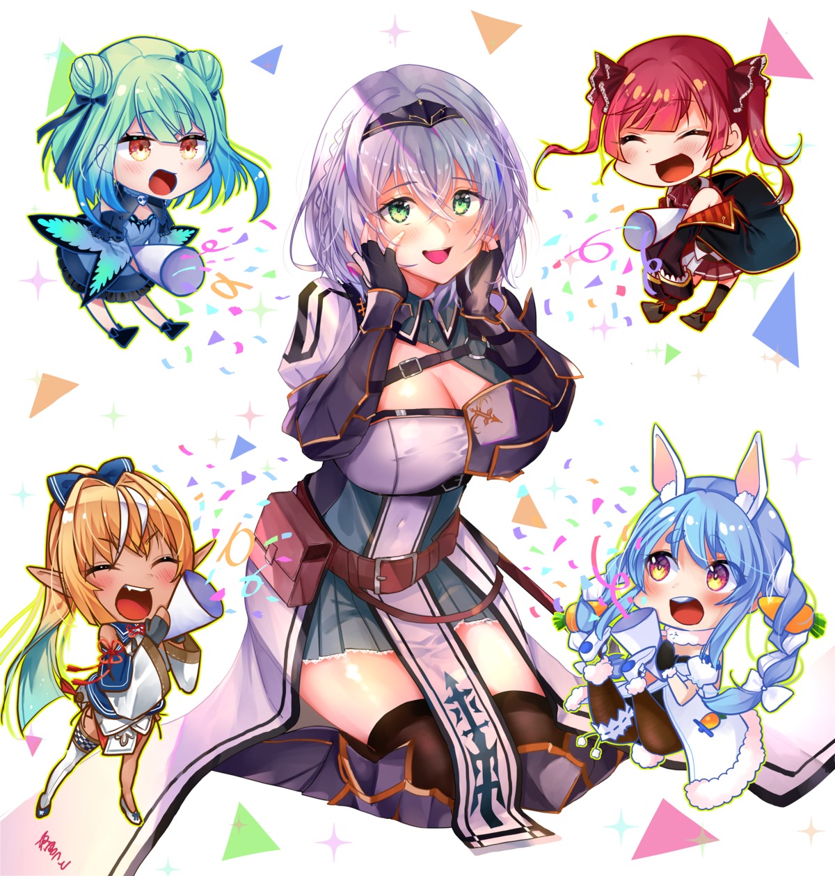 animal_ears armor asian_clothes bunny_ears bunny_girl chibi cleavage elf garter hololive houshou_marine megane pantyhose pointy_ears sakamiya_tsuto shiranui_flare shirogane_noel thighhighs uruha_rushia usada_pekora