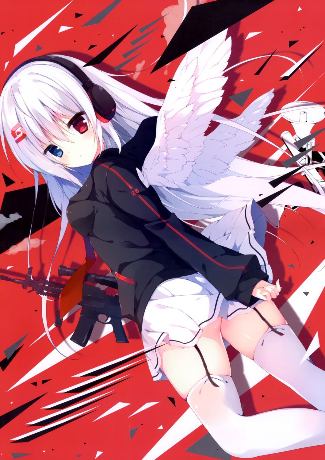 gun headphones heterochromia muku_(apupop) skirt_lift stockings thighhighs weapon wings