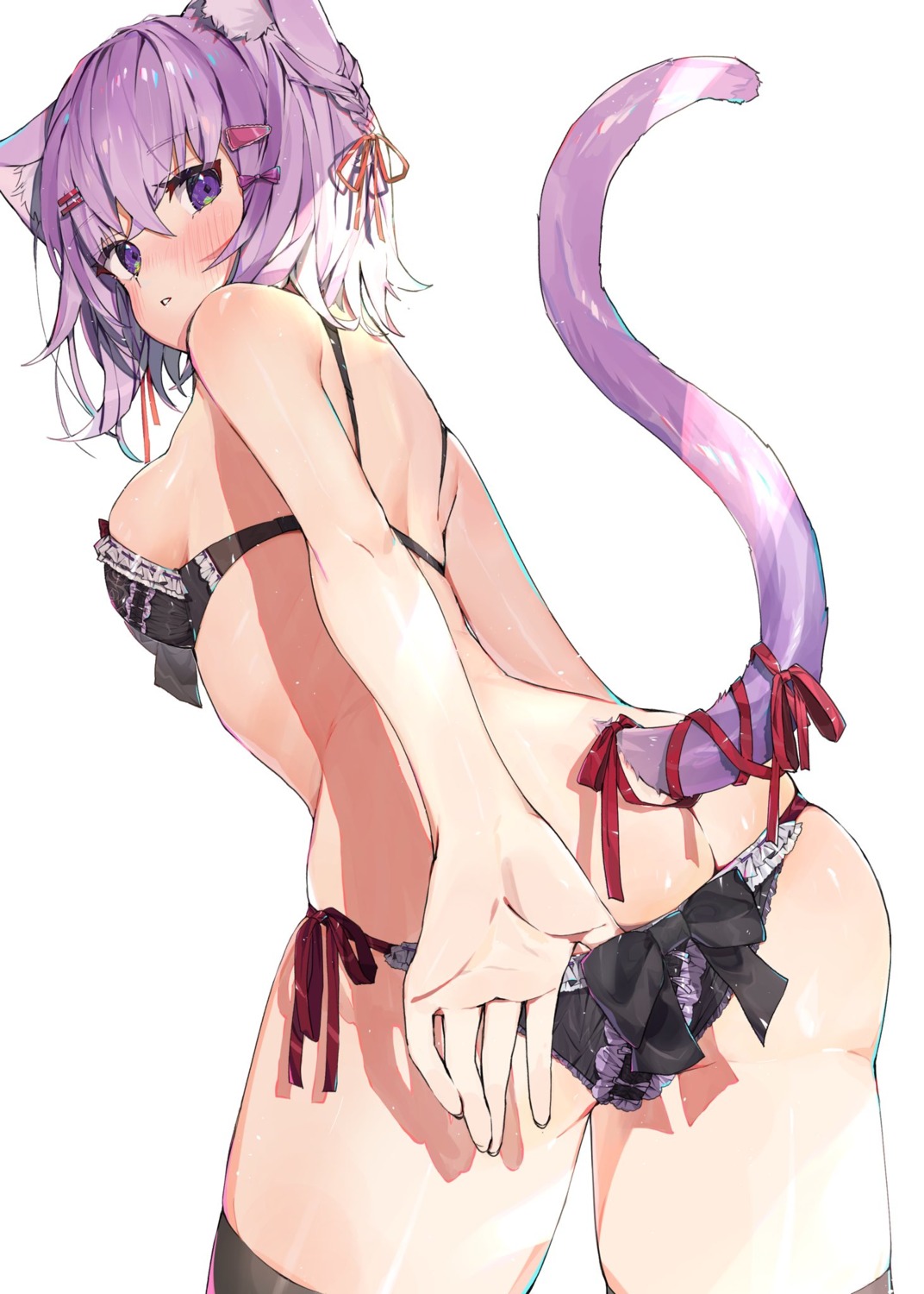 animal_ears ass bra hololive hololive_gamers idenshi_kumikae_(kabe_choron) nekomata_okayu nekomimi pantsu panty_pull tail thighhighs undressing