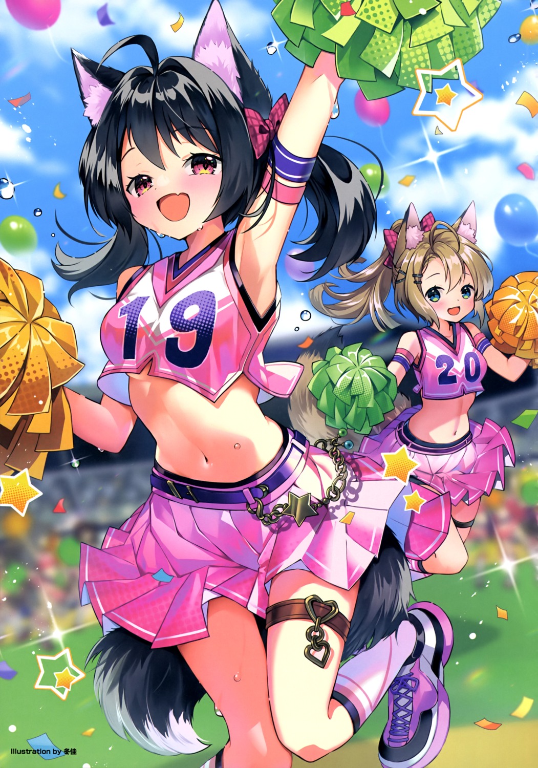 animal_ears cheerleader garter skirt_lift tail touka_(07touka25) wet