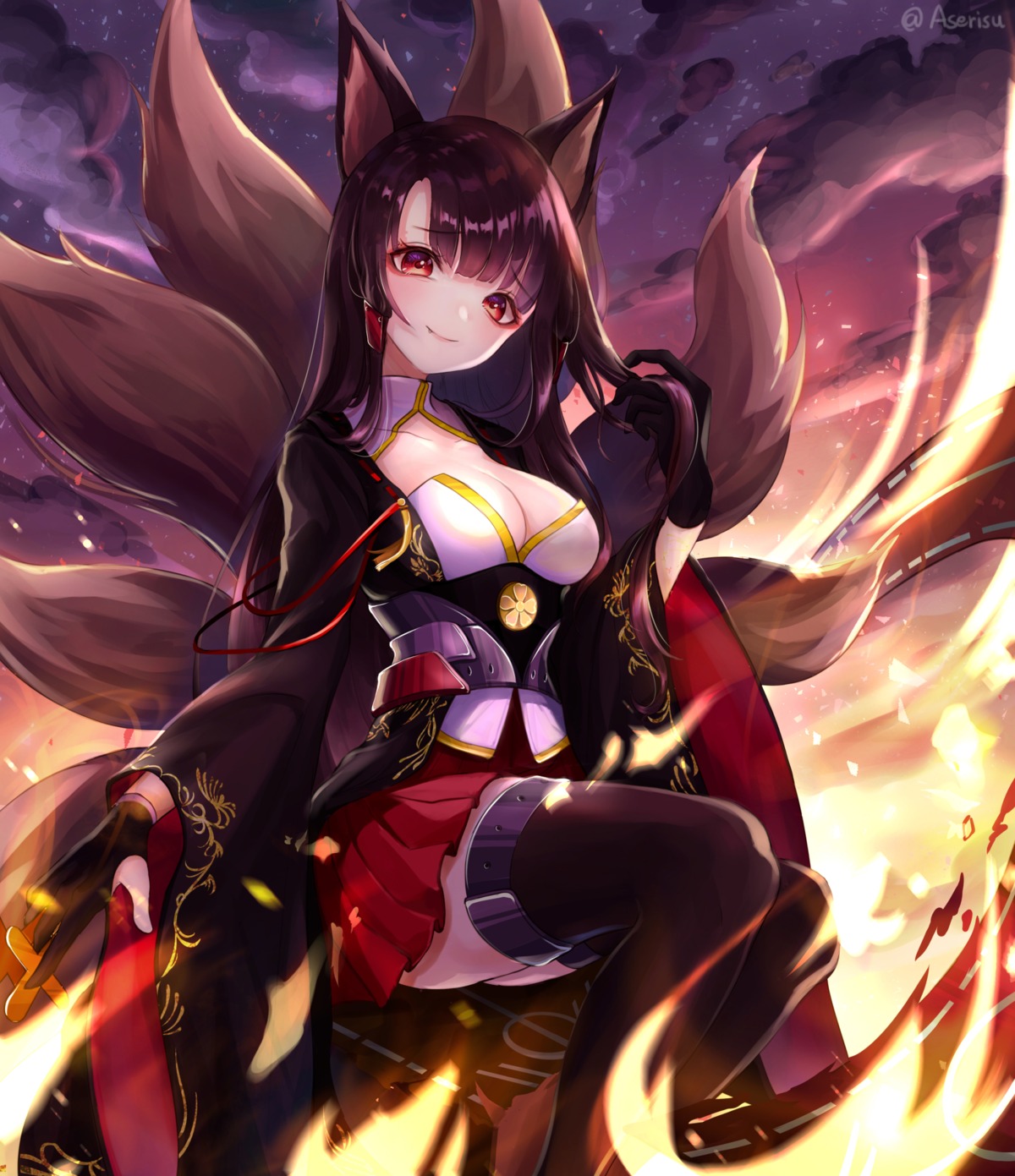 akagi_(azur_lane) animal_ears aseris azur_lane cleavage japanese_clothes kitsune tail thighhighs