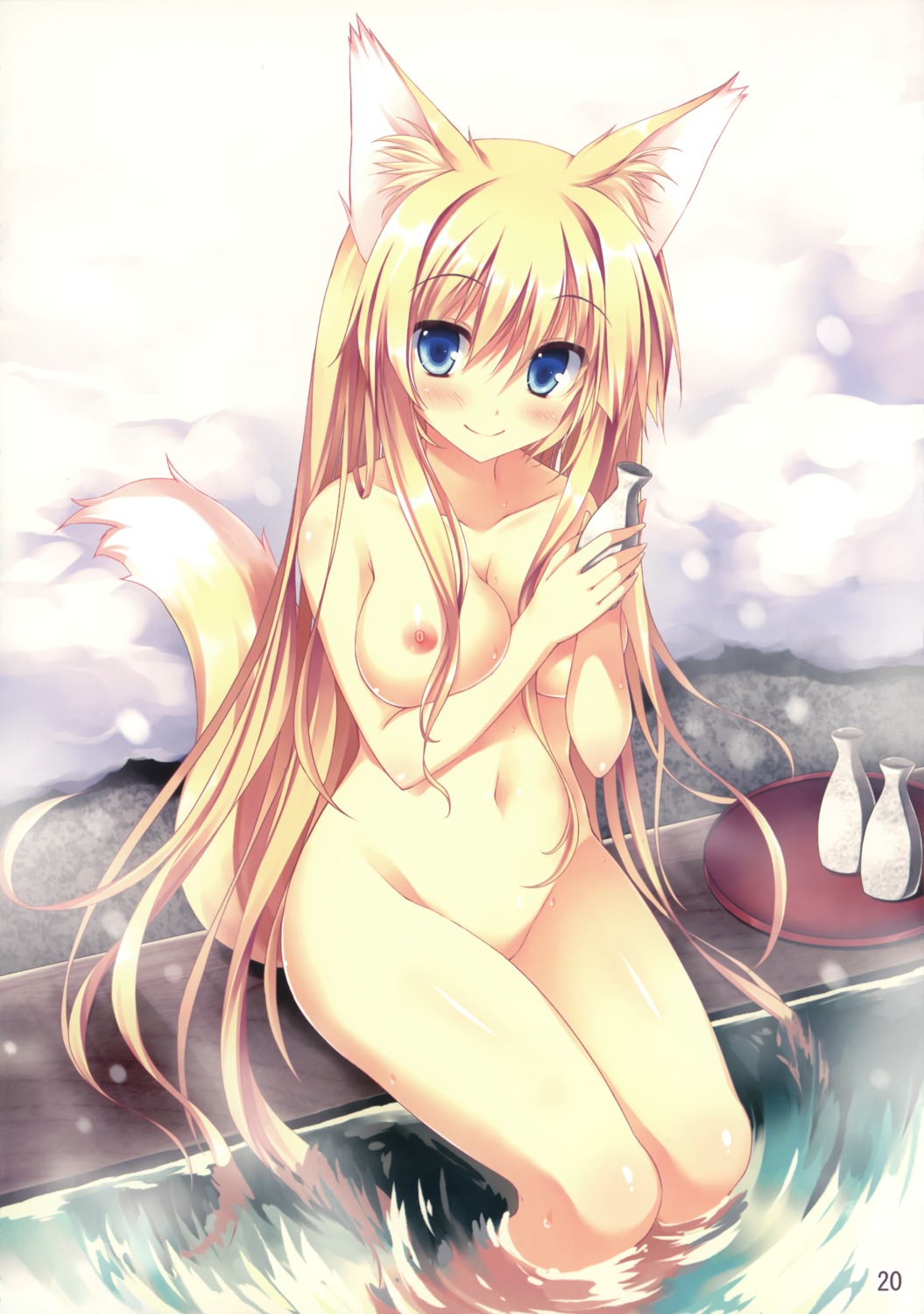 animal_ears bathing kitsune marvelous_grace naked nipples onsen sake tail tateha wet