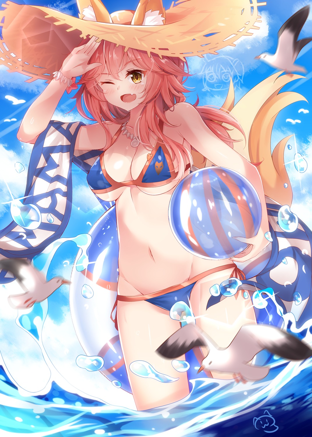 animal_ears bikini cleavage fate/extra fate/grand_order fate/stay_night kitsune nahaki swimsuits tail tamamo_no_mae underboob wet