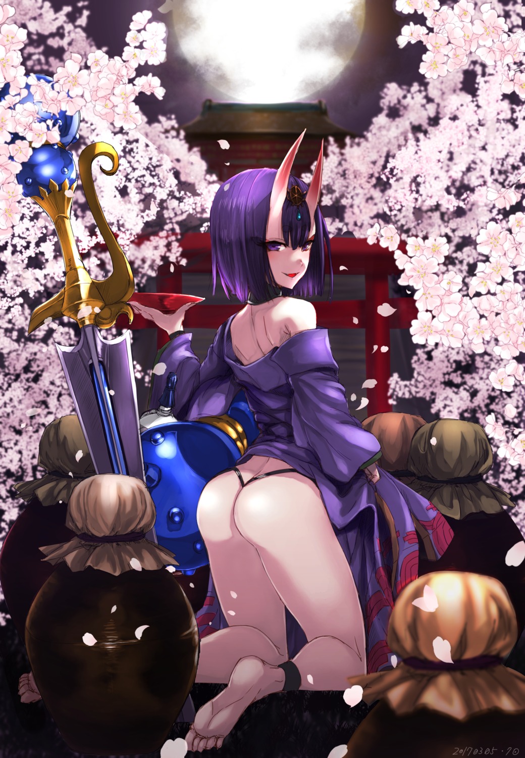 ass fate/grand_order feet horns kuronuko_neero pantsu sake shuten_douji_(fate/grand_order) sword thong