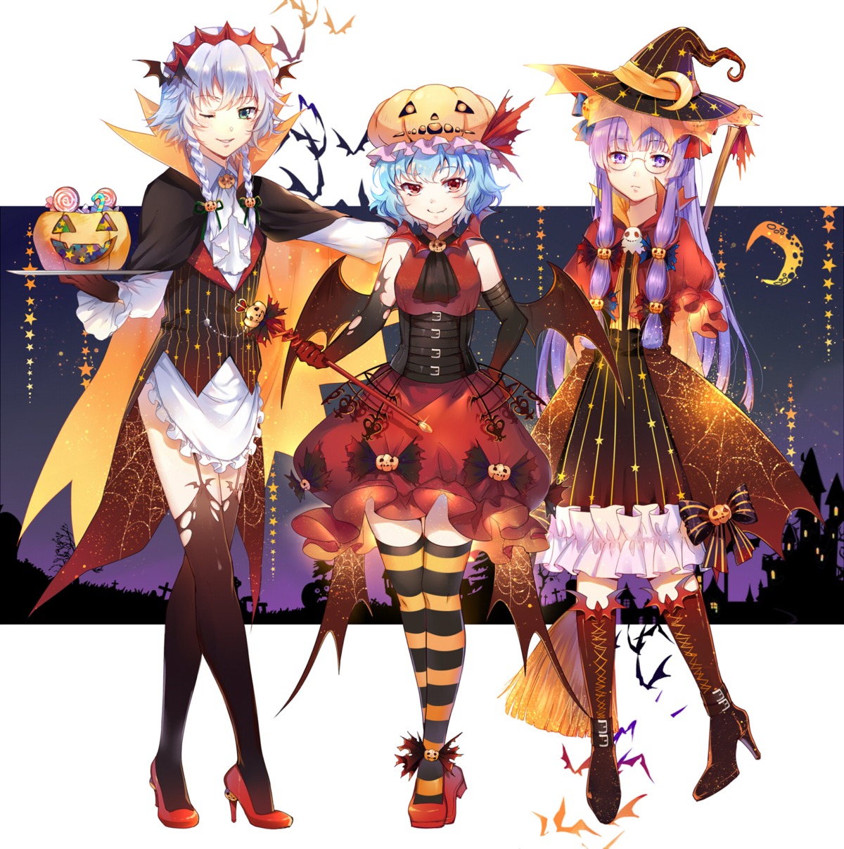 dress ekita_xuan halloween heels izayoi_sakuya megane patchouli_knowledge remilia_scarlet stockings thighhighs touhou weapon wings witch