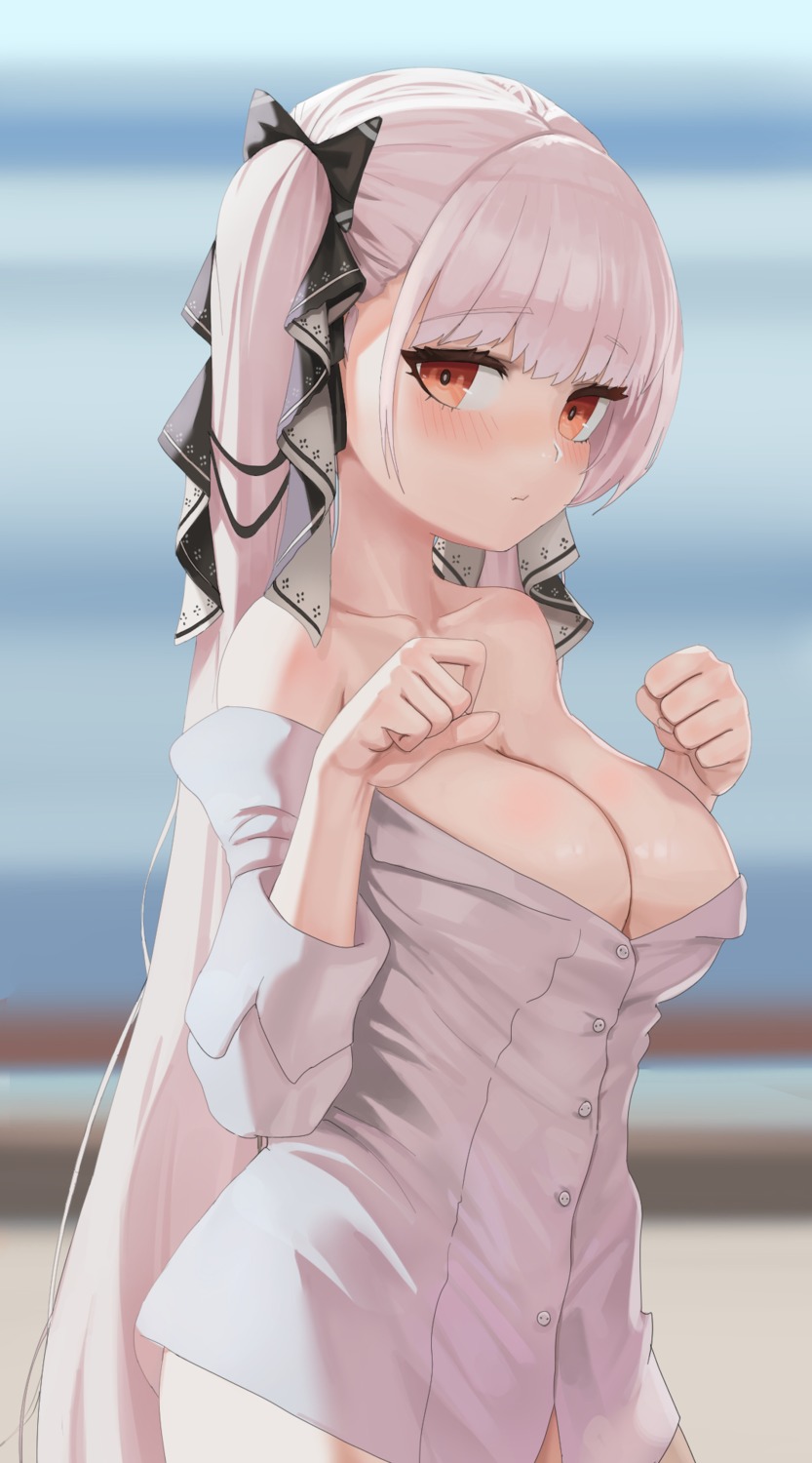 azur_lane dolri dress_shirt formidable_(azur_lane) no_bra open_shirt