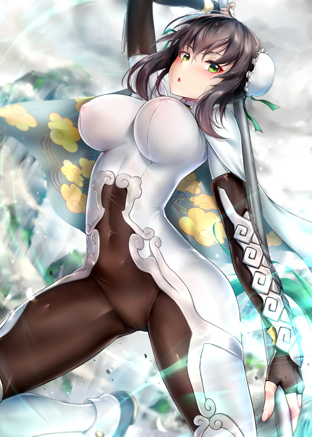 areola armor bodysuit cameltoe erect_nipples fate/grand_order no_bra qin_liangyu_(fate/grand_order) rei_kun see_through weapon