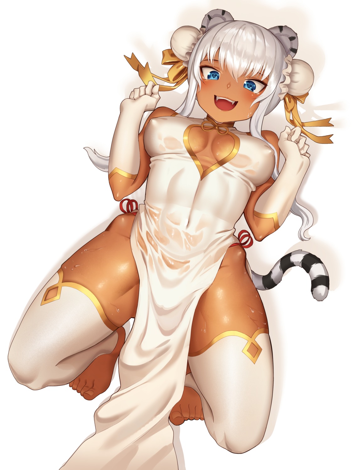 animal_ears chinadress erect_nipples feet goback no_bra pantsu see_through string_panties tail thighhighs wet wet_clothes