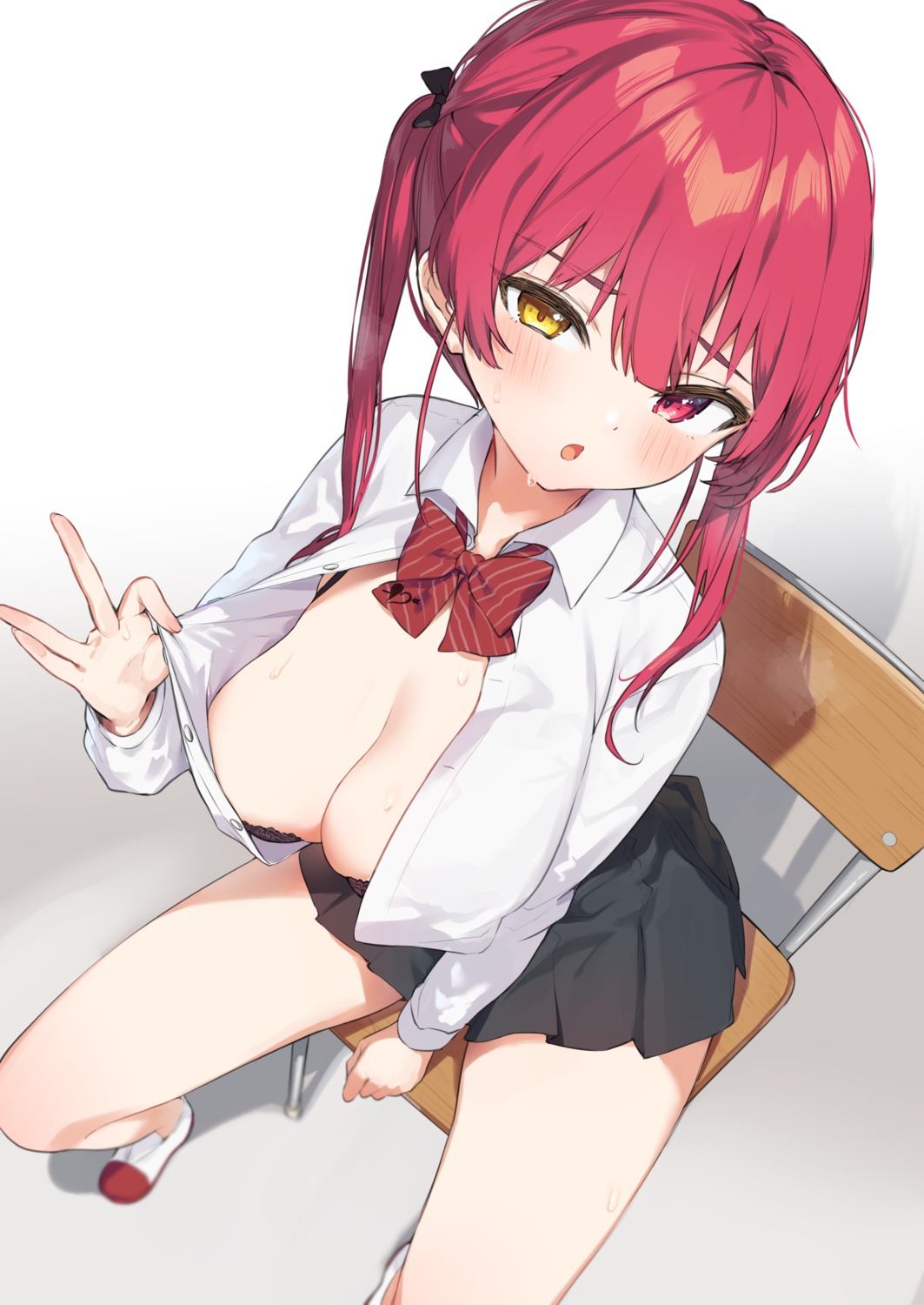 bra heterochromia hololive houshou_marine itohana open_shirt seifuku undressing