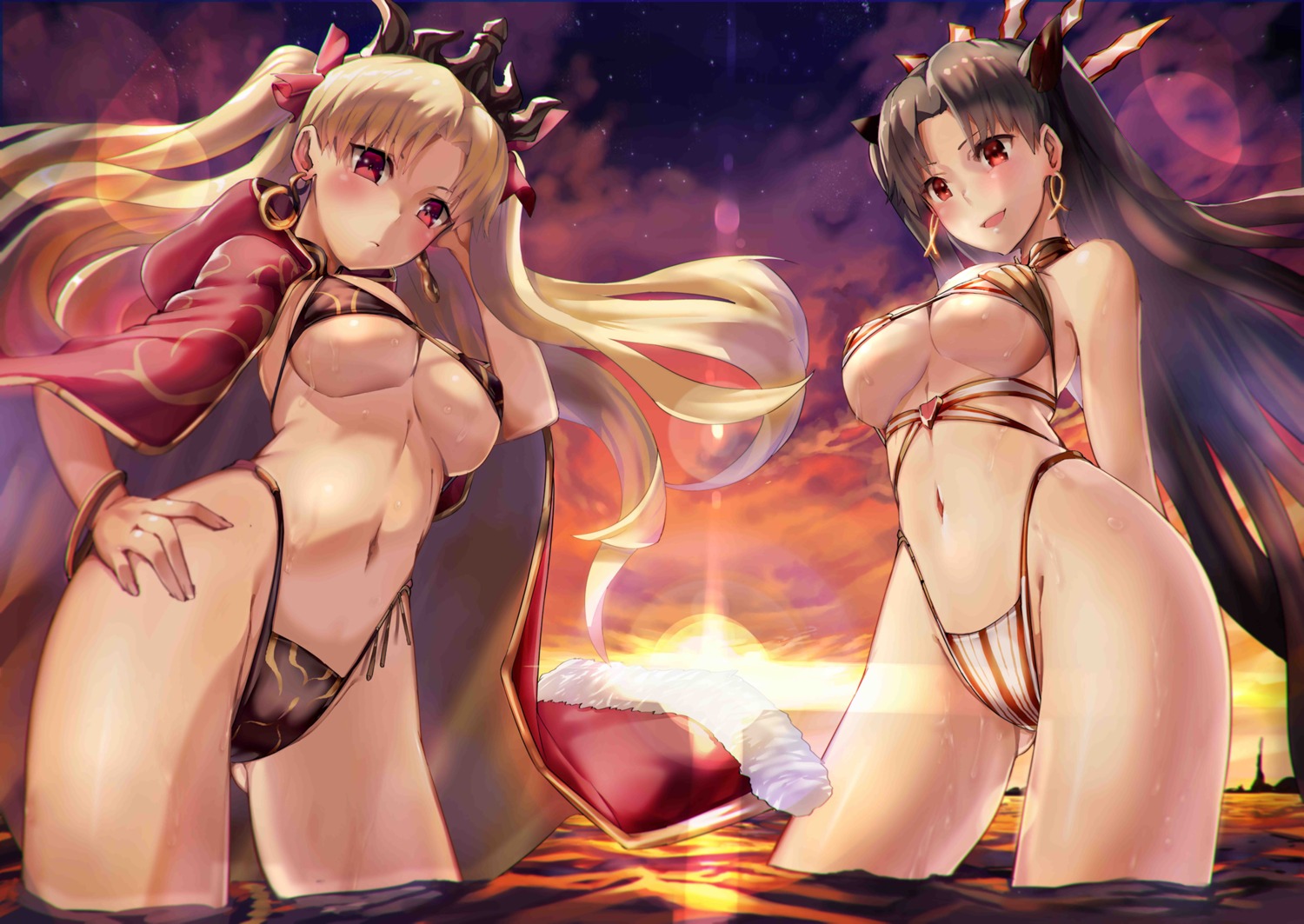 bikini ereshkigal_(fate/grand_order) fate/grand_order ishtar_(fate/grand_order) renji swimsuits underboob wet