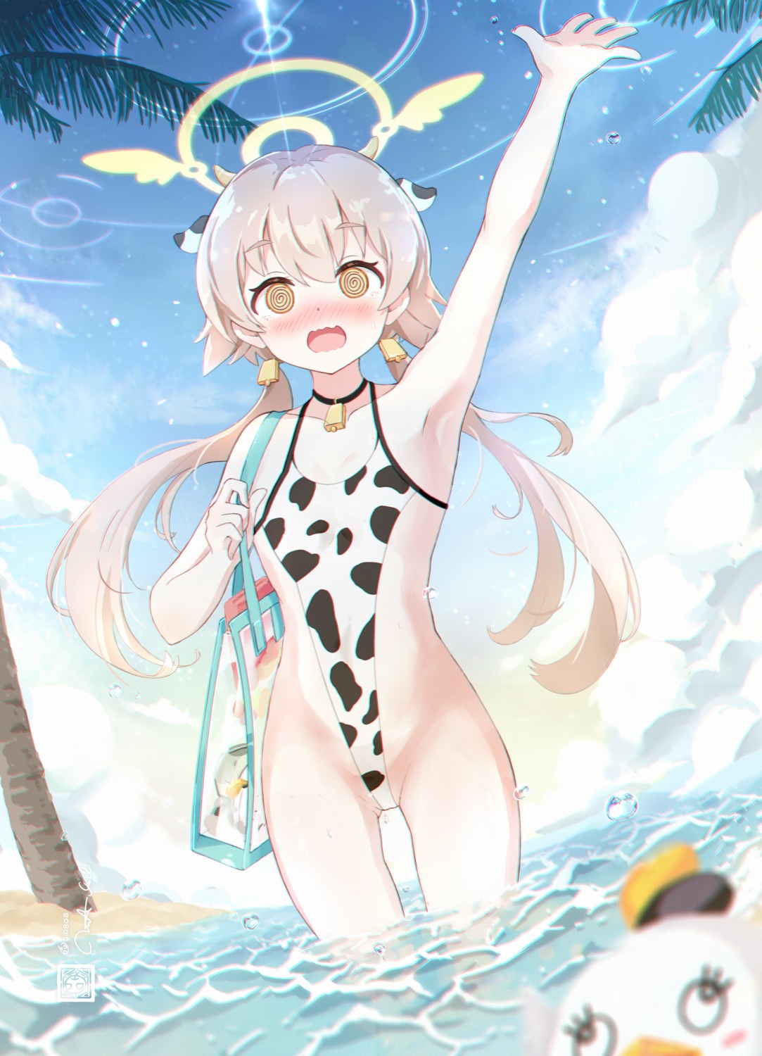 ajitani_hifumi animal_ears blue_archive halo horns i-tsd loli swimsuits wet