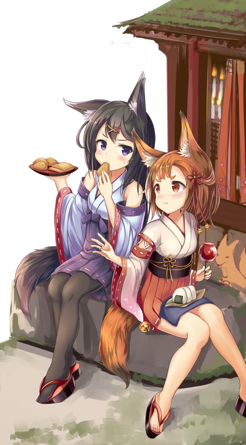 animal_ears japanese_clothes pantyhose sakura_ani tail