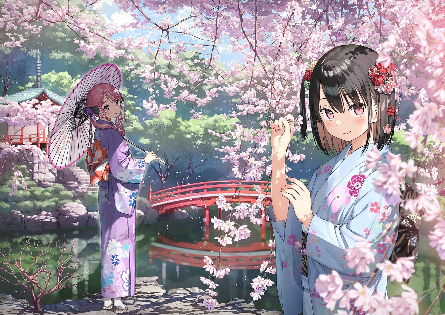 kantoku kimono kurumi_(kantoku) shizuku_(kantoku) umbrella