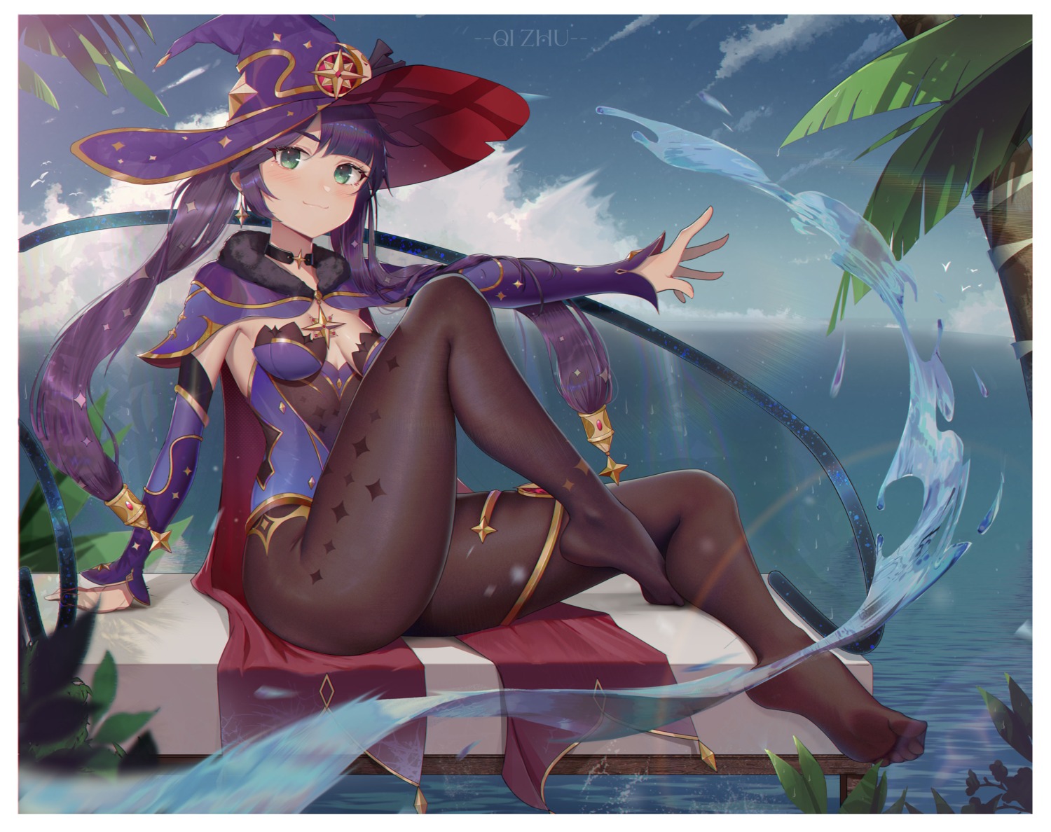 feet garter genshin_impact leotard mona_megistus no_bra pantyhose qizhu witch