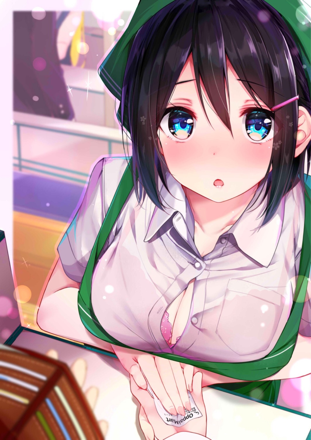 bra breast_hold cleavage dress_shirt open_shirt rouka see_through waitress wardrobe_malfunction