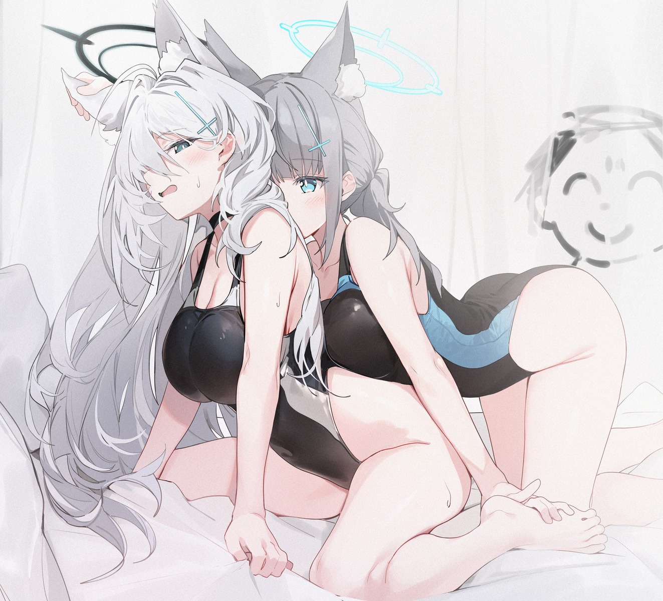 animal_ears blue_archive cleavage halo nekomimi shiroko_terror silver_(chenwen) sunaookami_shiroko swimsuits yuri