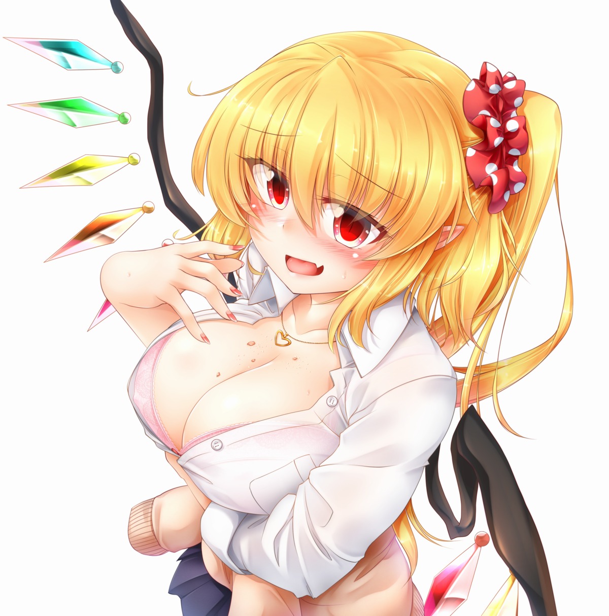 bra breast_hold cleavage flandre_scarlet m9kndi open_shirt pointy_ears seifuku sweater touhou wings