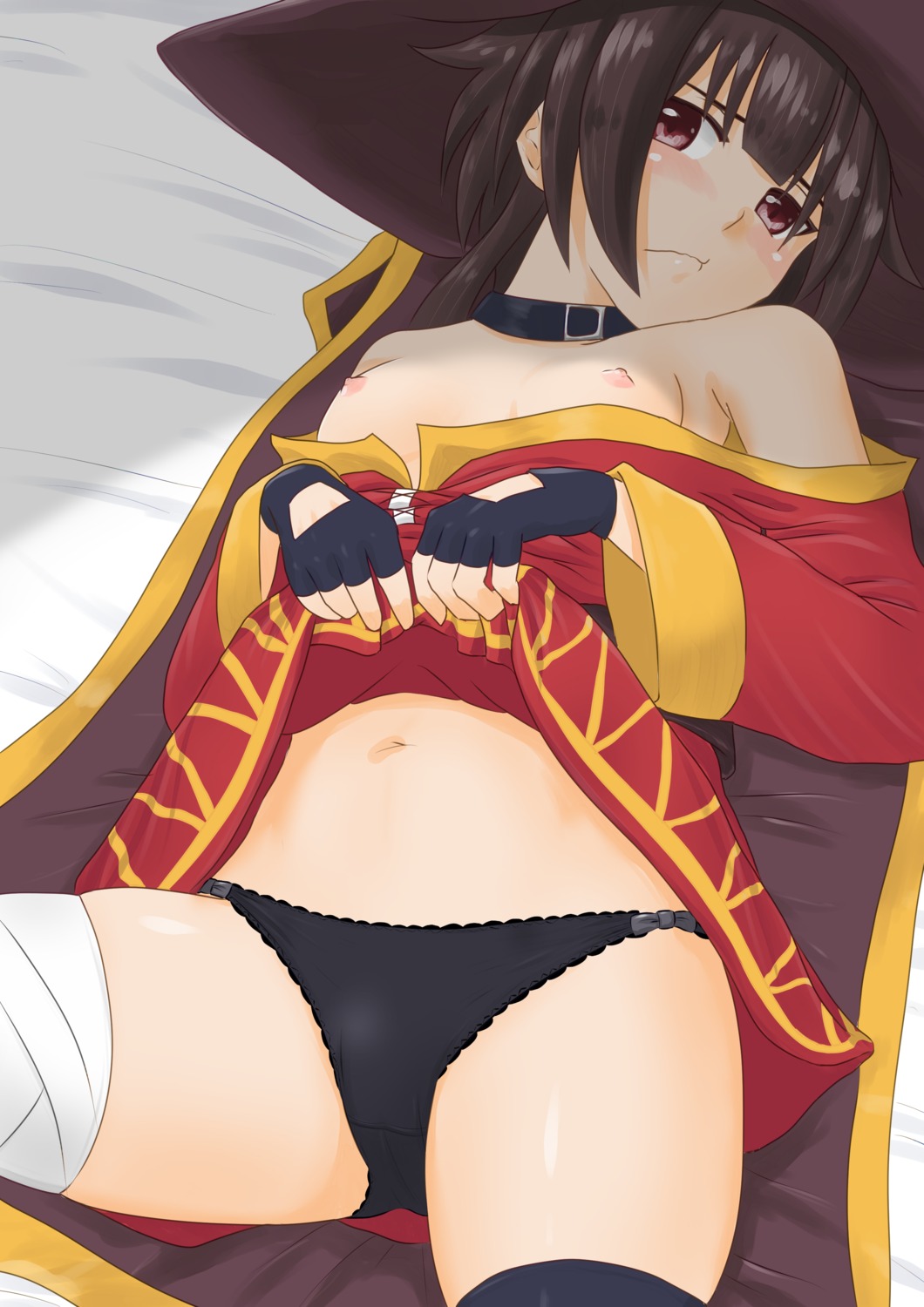 bandages breasts cameltoe dress kono_subarashii_sekai_ni_shukufuku_wo! megumin nipples no_bra open_shirt pantsu sirokohi skirt_lift thighhighs witch