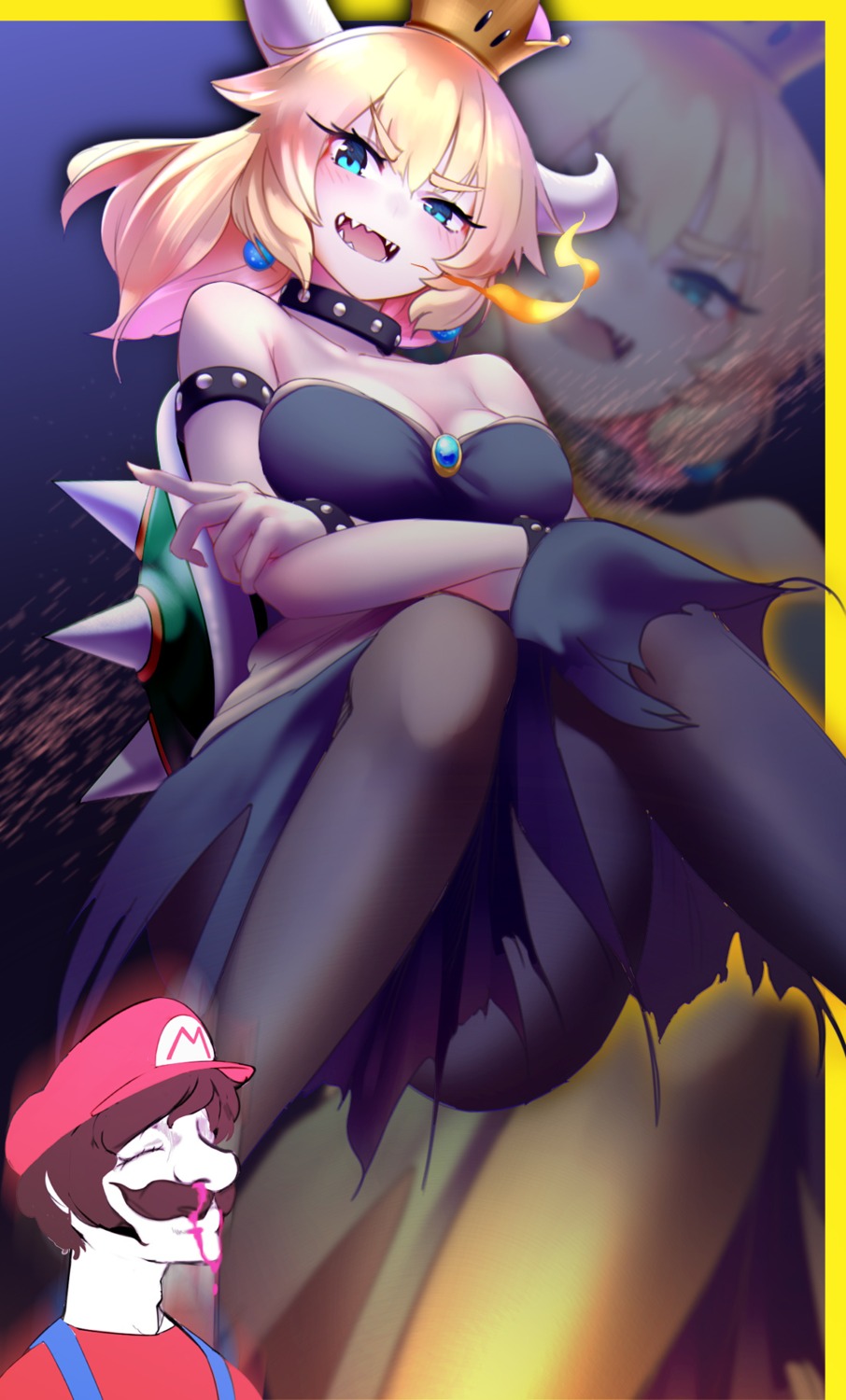 bowsette cleavage dress gesoking horns mario new_super_mario_bros._u_deluxe pantyhose torn_clothes