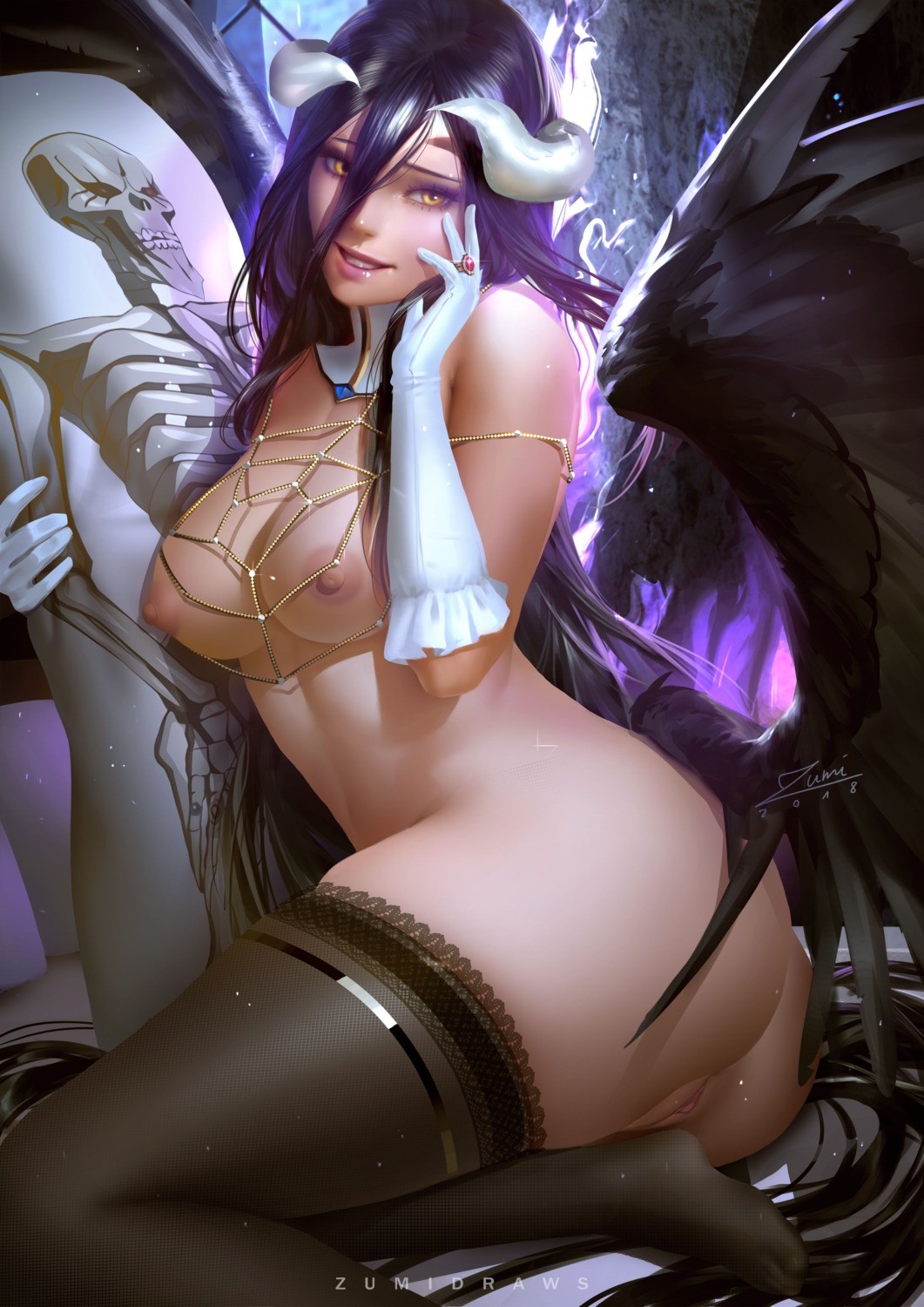 albedo_(overlord) ass horns naked nipples official_watermark overlord pussy thighhighs uncensored wings zumi_(zumidraws)