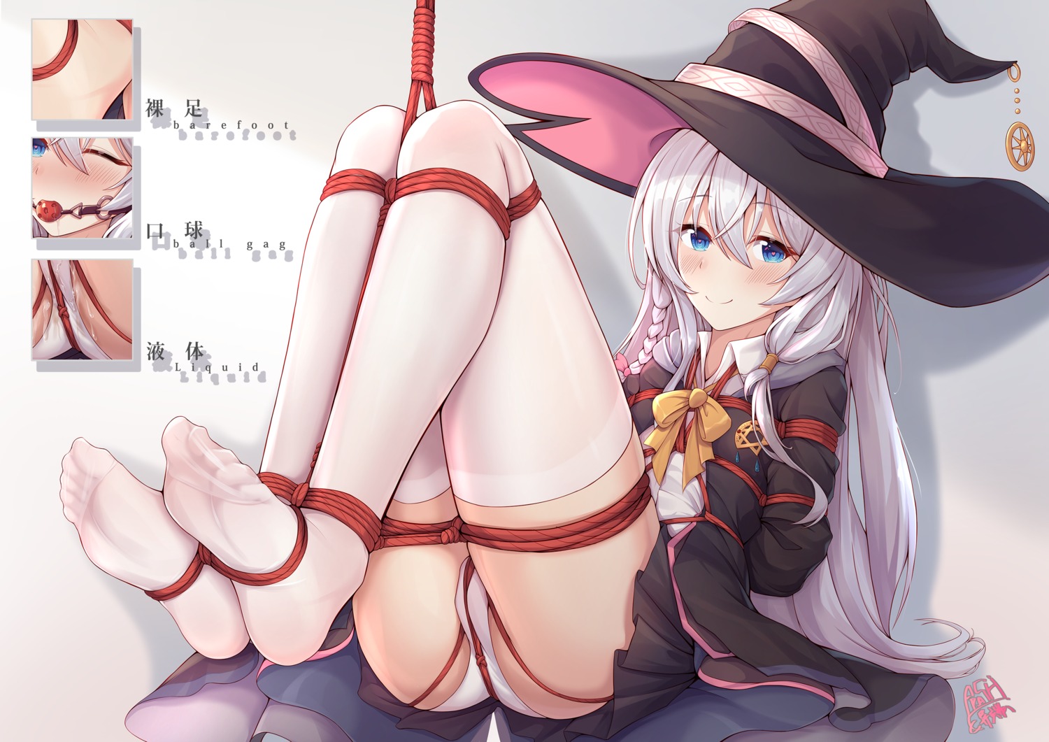 bondage elaina_(majo_no_tabitabi) feet majo_no_tabitabi pantsu pussy_juice skirt_lift thighhighs witch yiduan_zhu