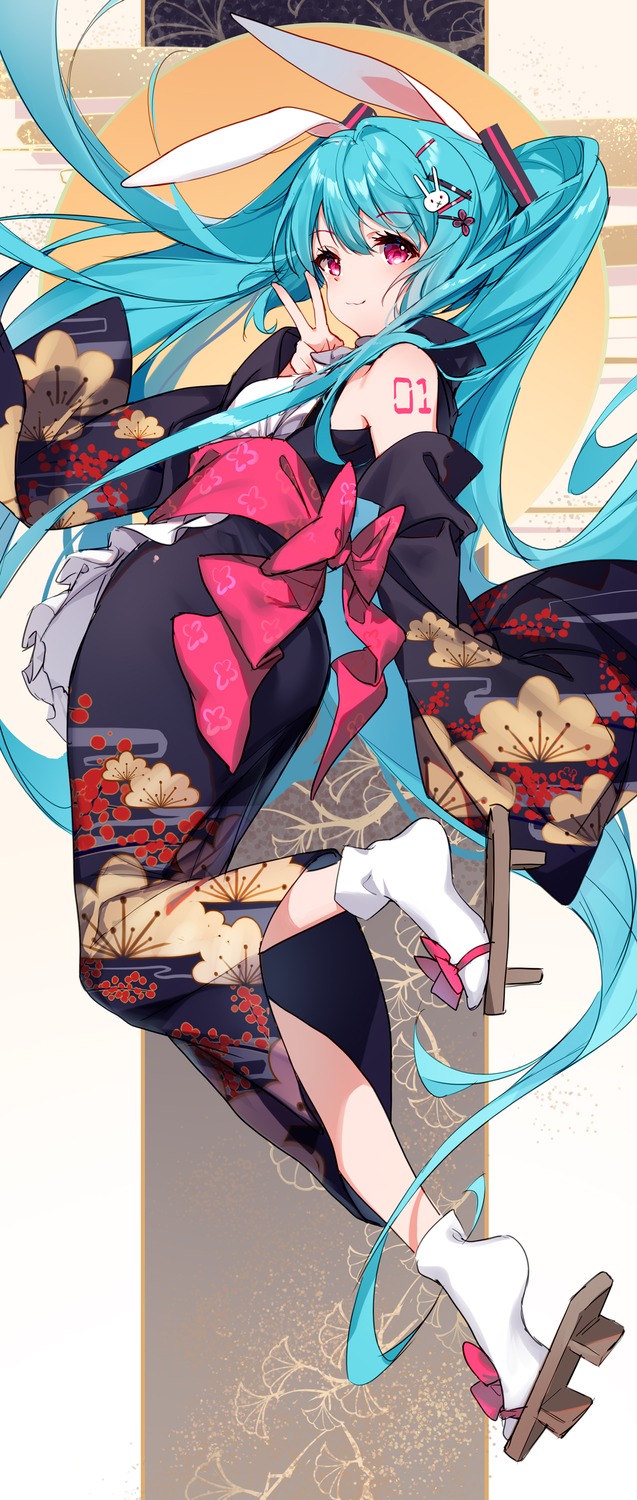 animal_ears bison_cangshu bunny_ears hatsune_miku japanese_clothes tattoo vocaloid