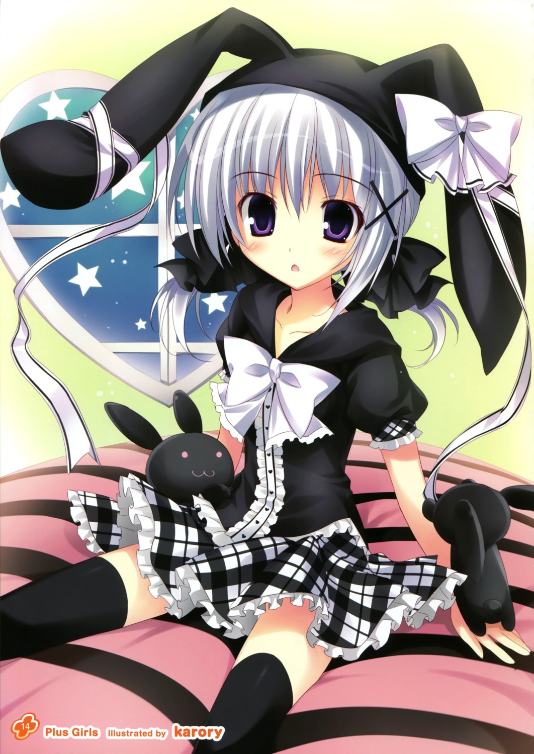 animal_ears bunny_ears karory seifuku skirt_lift thighhighs