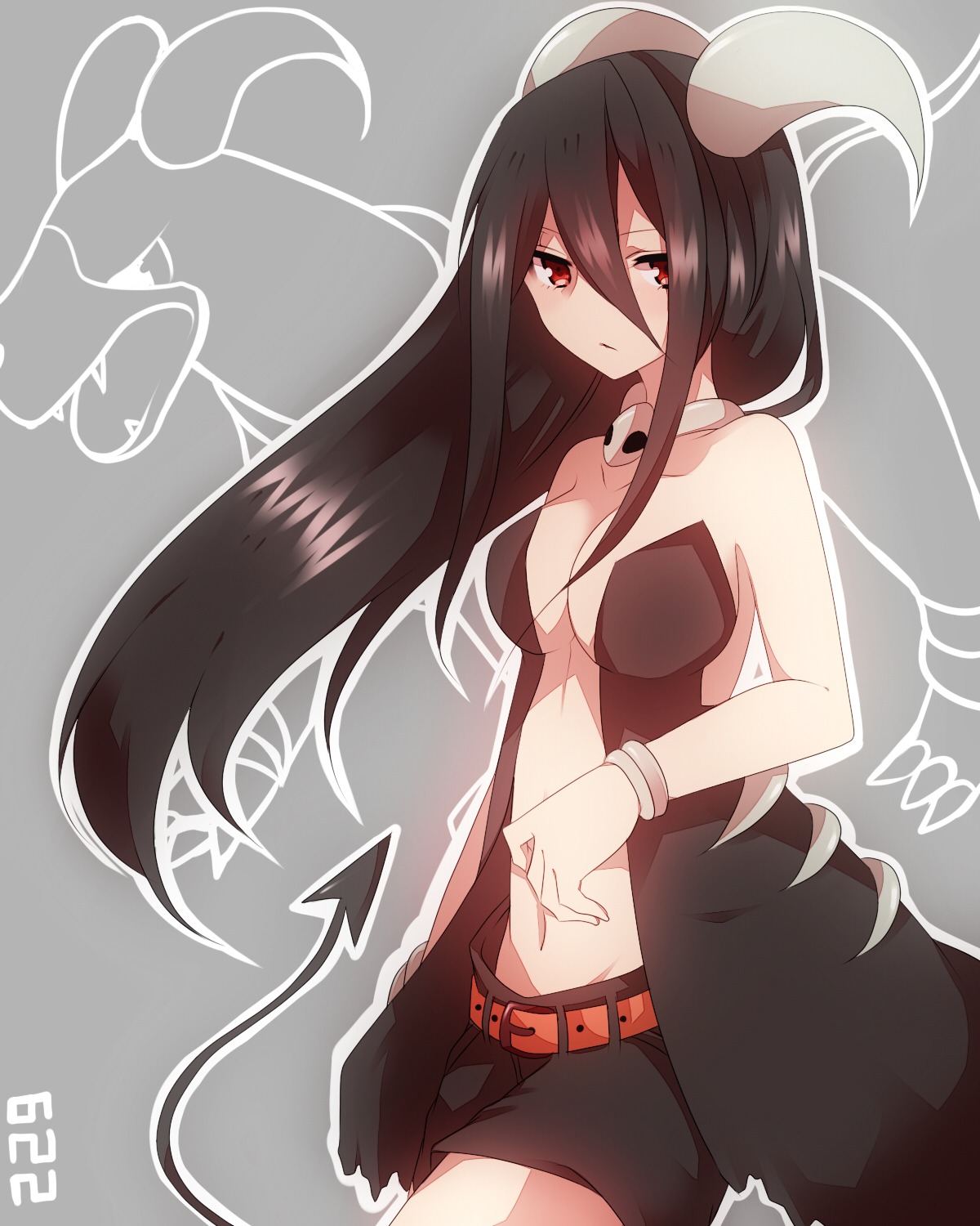 anthropomorphization cleavage horns houndoom no_bra pokemon takeshima_eku