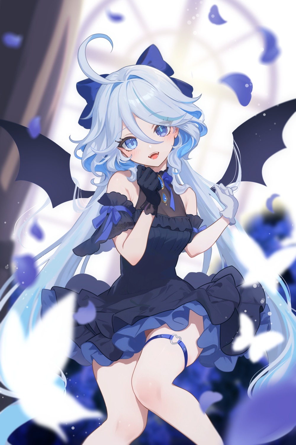 dress furina garter genshin_impact heterochromia no_bra rrr_gns_(riuriu_1212) skirt_lift wings