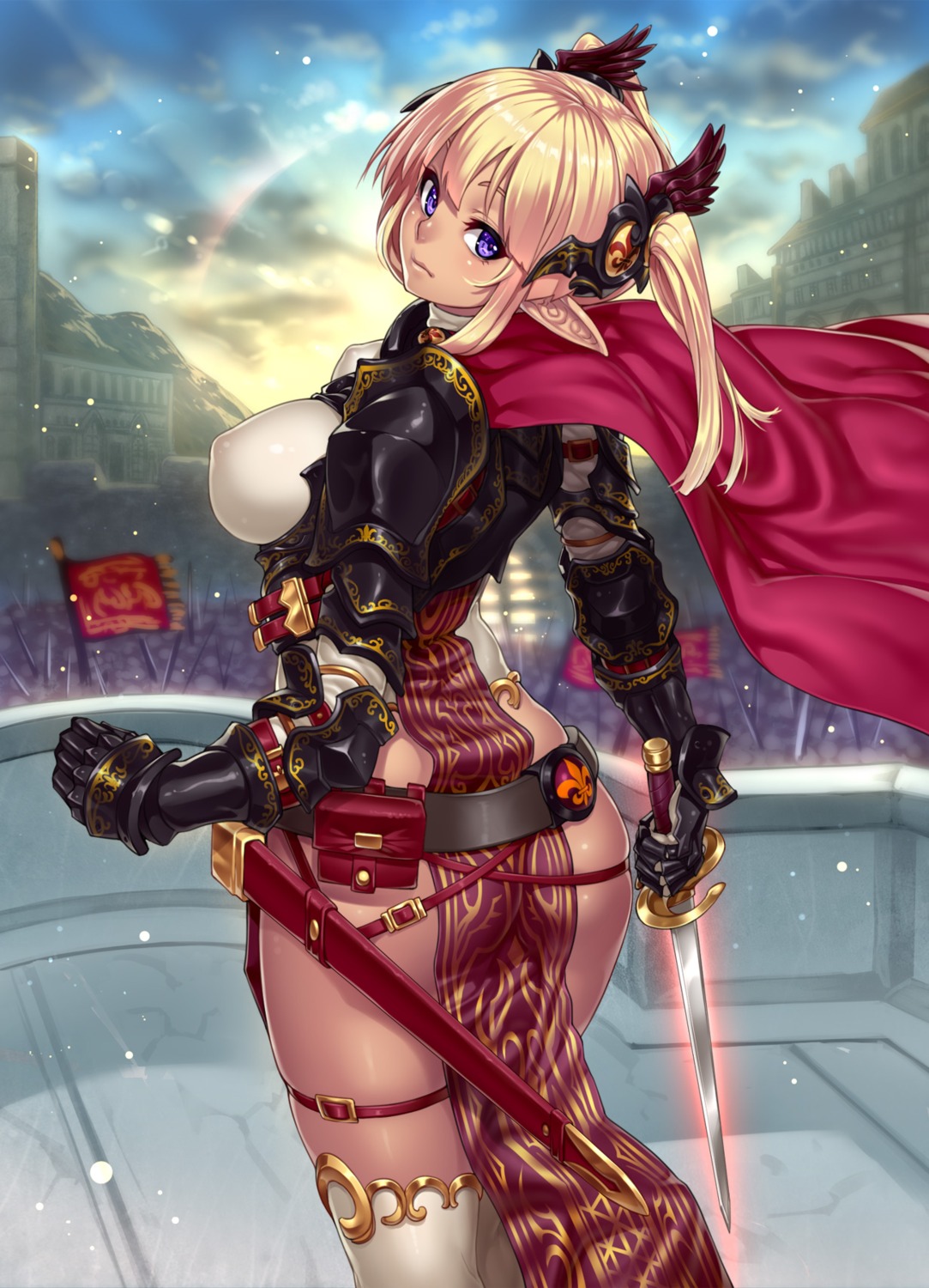 armor erect_nipples houtengeki pointy_ears sword thighhighs