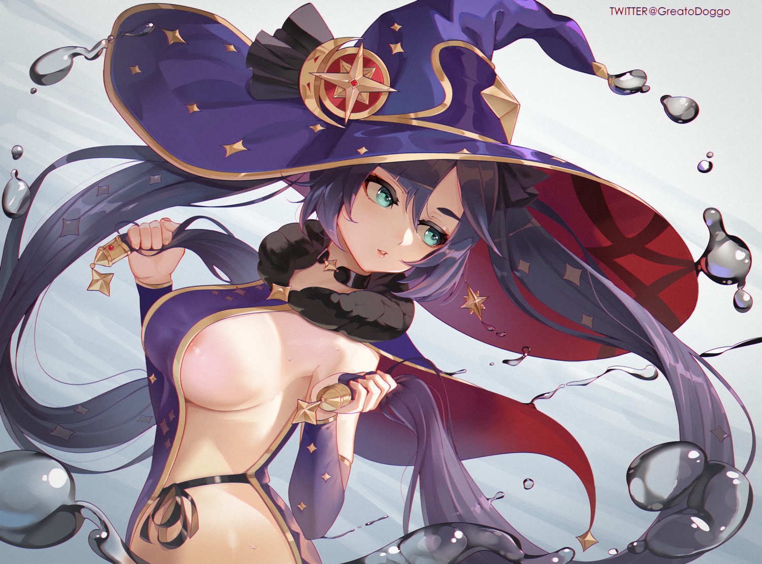 areola genshin_impact greatodoggo mona_megistus no_bra witch