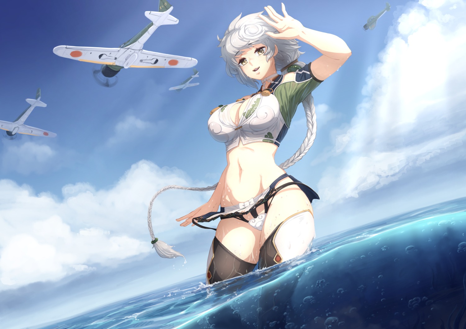 barbariank cleavage kantai_collection open_shirt pantsu see_through thighhighs unryuu_(kancolle) wet wet_clothes