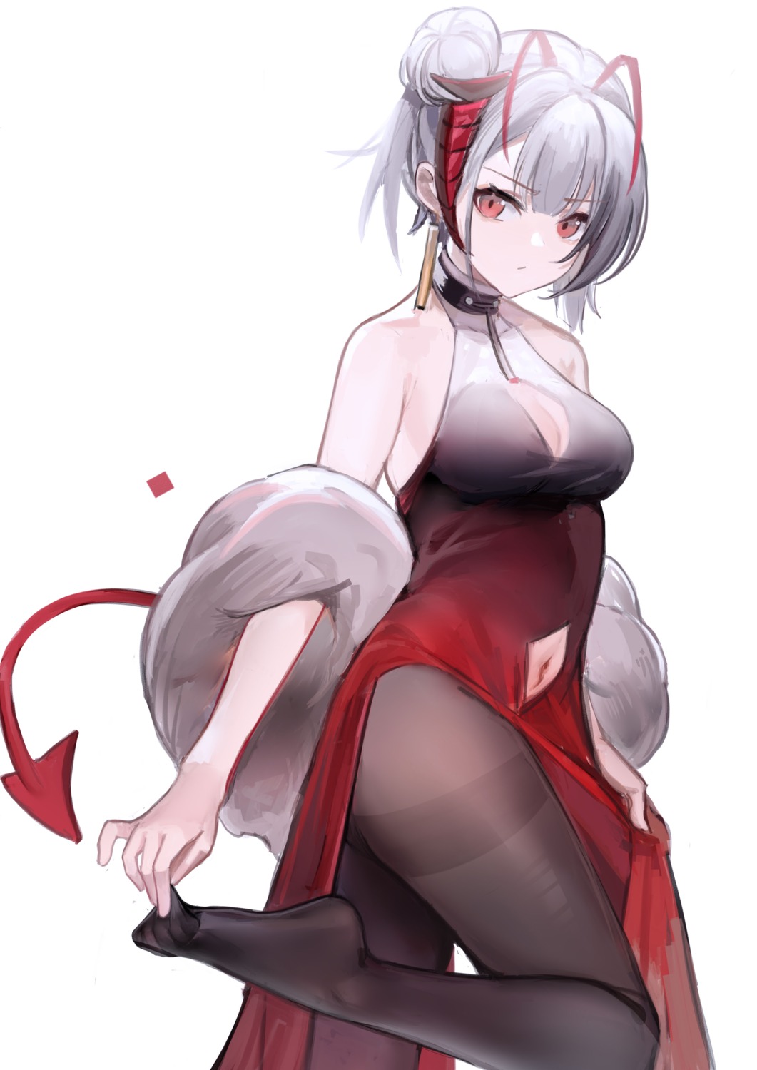 arknights cleavage dress feet horns nagata_gata no_bra pantyhose skirt_lift tail w_(arknights)