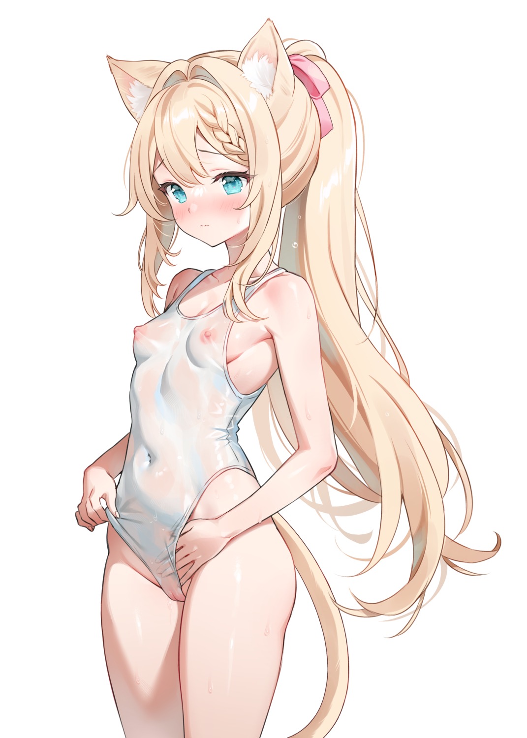 animal_ears loli nami_(nyaa) nekomimi nipples pussy see_through swimsuits tail uncensored undressing wet wet_clothes