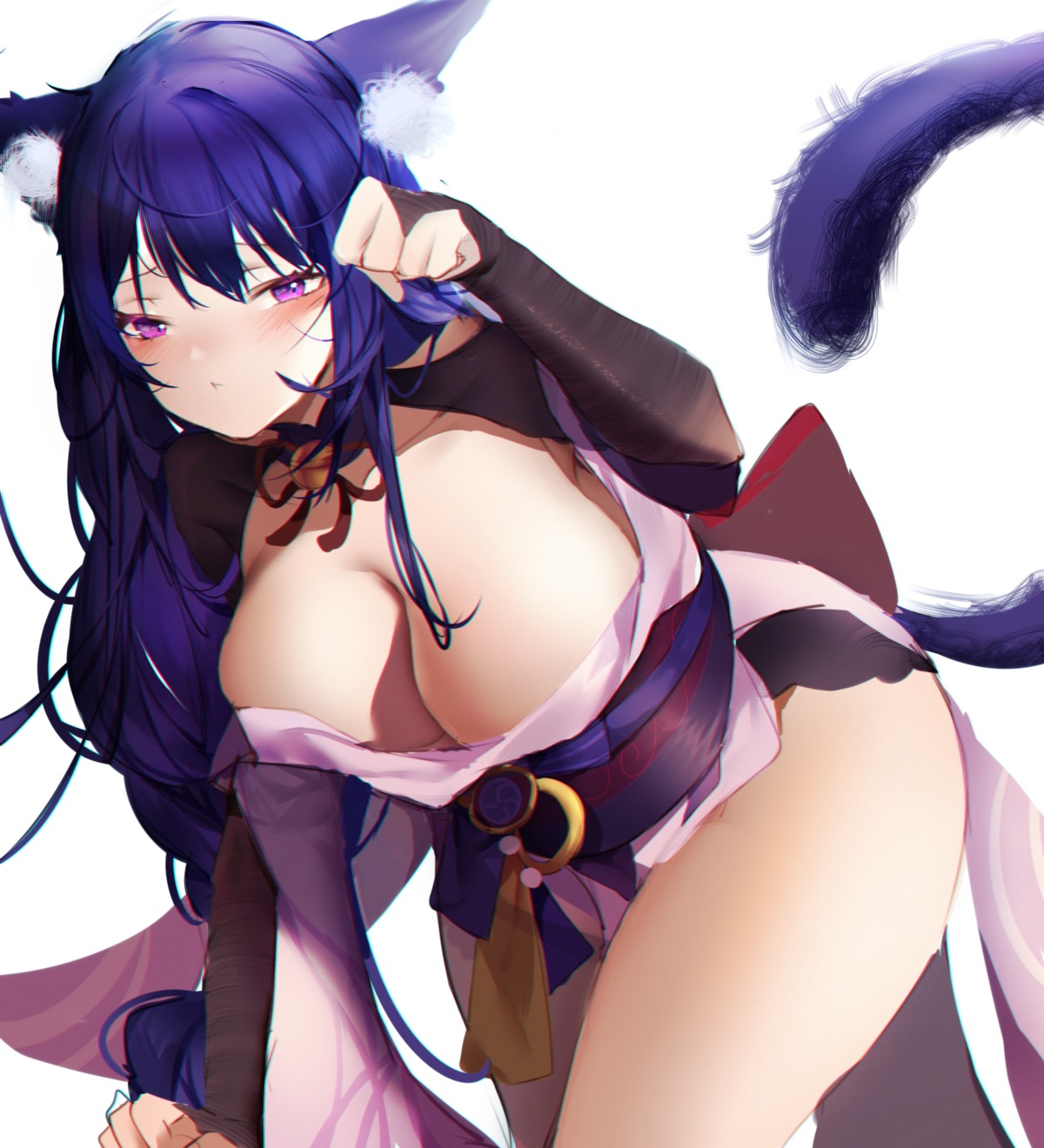 animal_ears genshin_impact japanese_clothes nekomimi no_bra open_shirt raiden_shogun tail xiongshouji