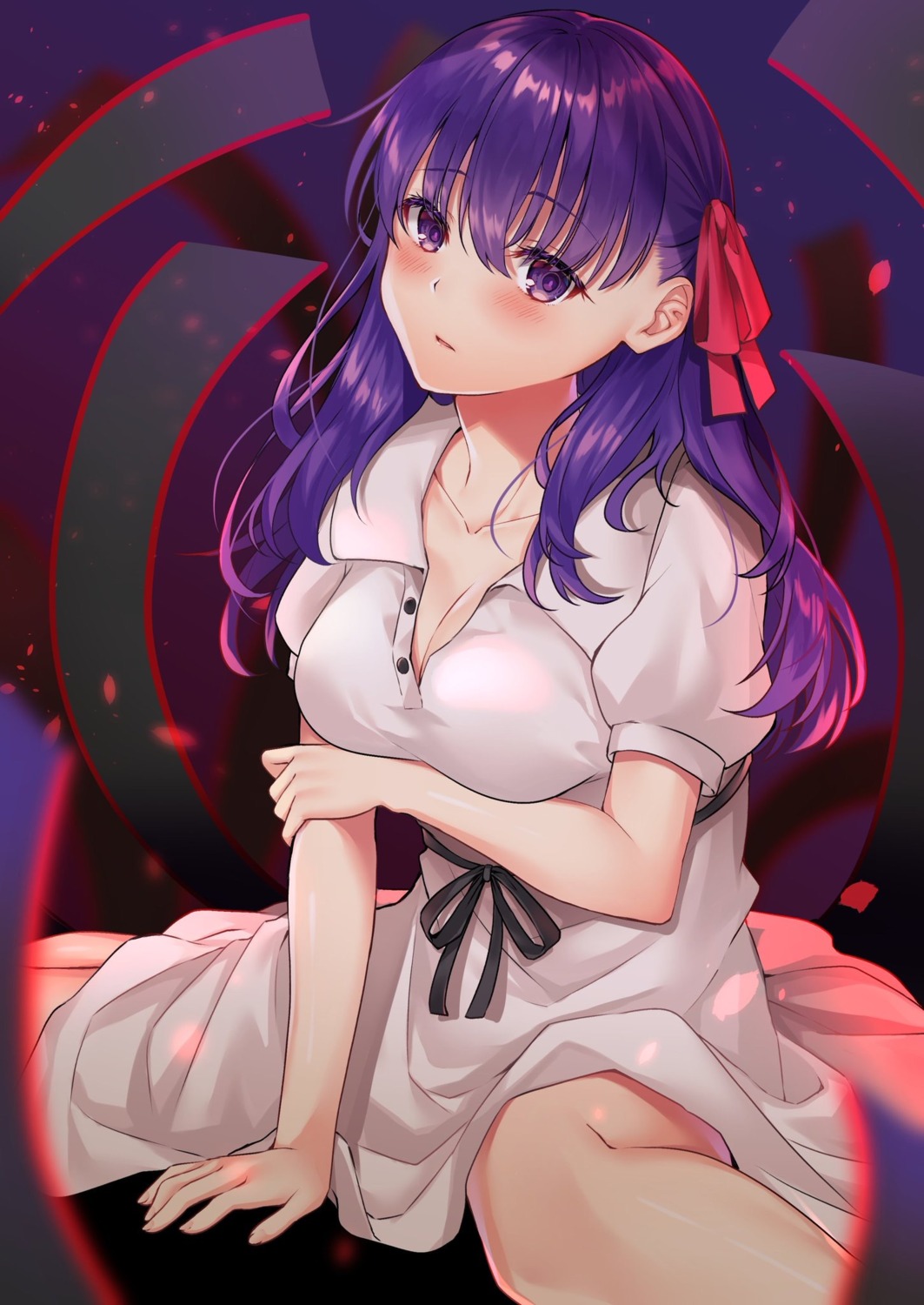 breast_hold cleavage dress fate/stay_night hizuki_higure matou_sakura open_shirt skirt_lift