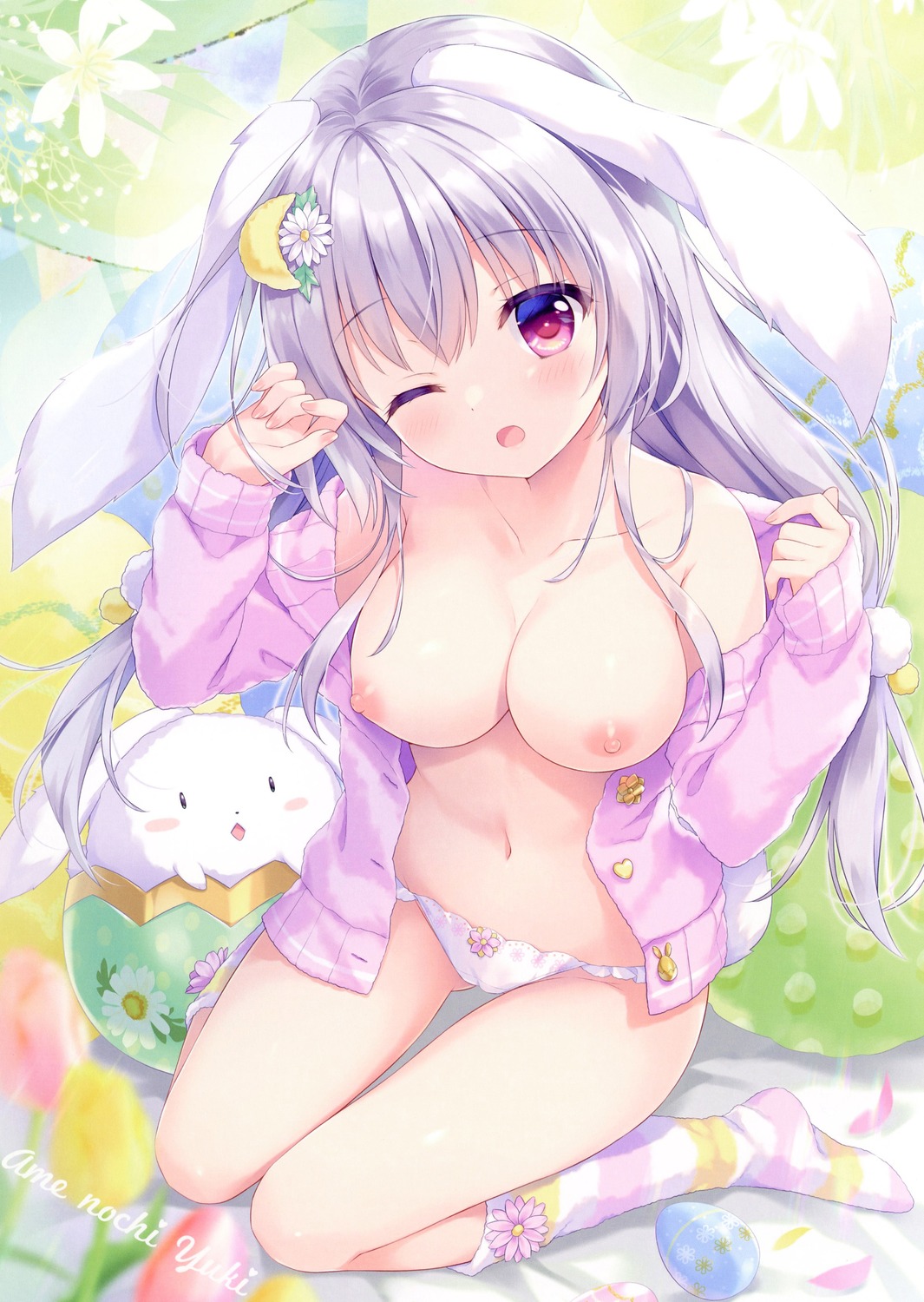 ame_nochi_yuki ameto_yuki animal_ears blanc_(ameto_yuki) breasts bunny_ears cameltoe nipples no_bra open_shirt pantsu