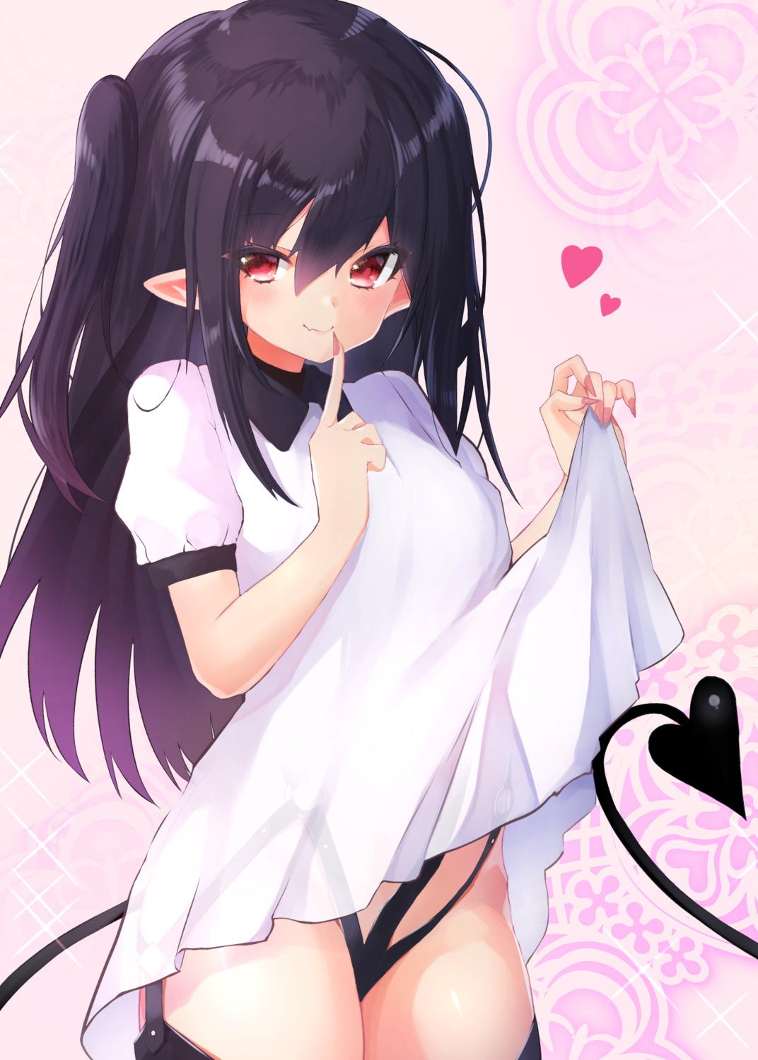 dress loli mizuno_tera pointy_ears see_through skirt_lift stockings tail thighhighs