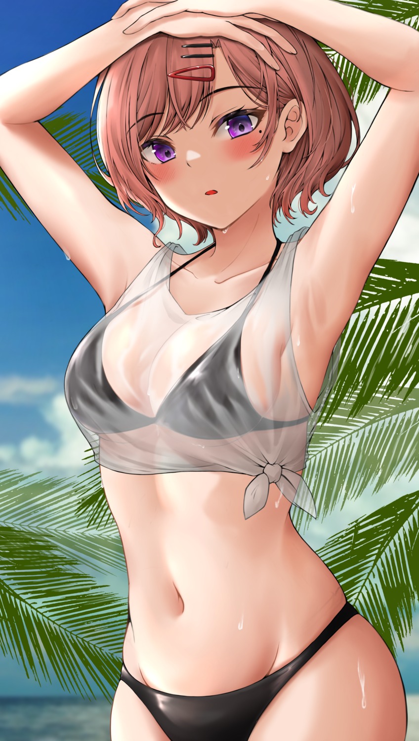 artist_revision bikini higuchi_madoka lds_(dstwins97) see_through shirt_lift swimsuits the_idolm@ster the_idolm@ster_shiny_colors wet_clothes