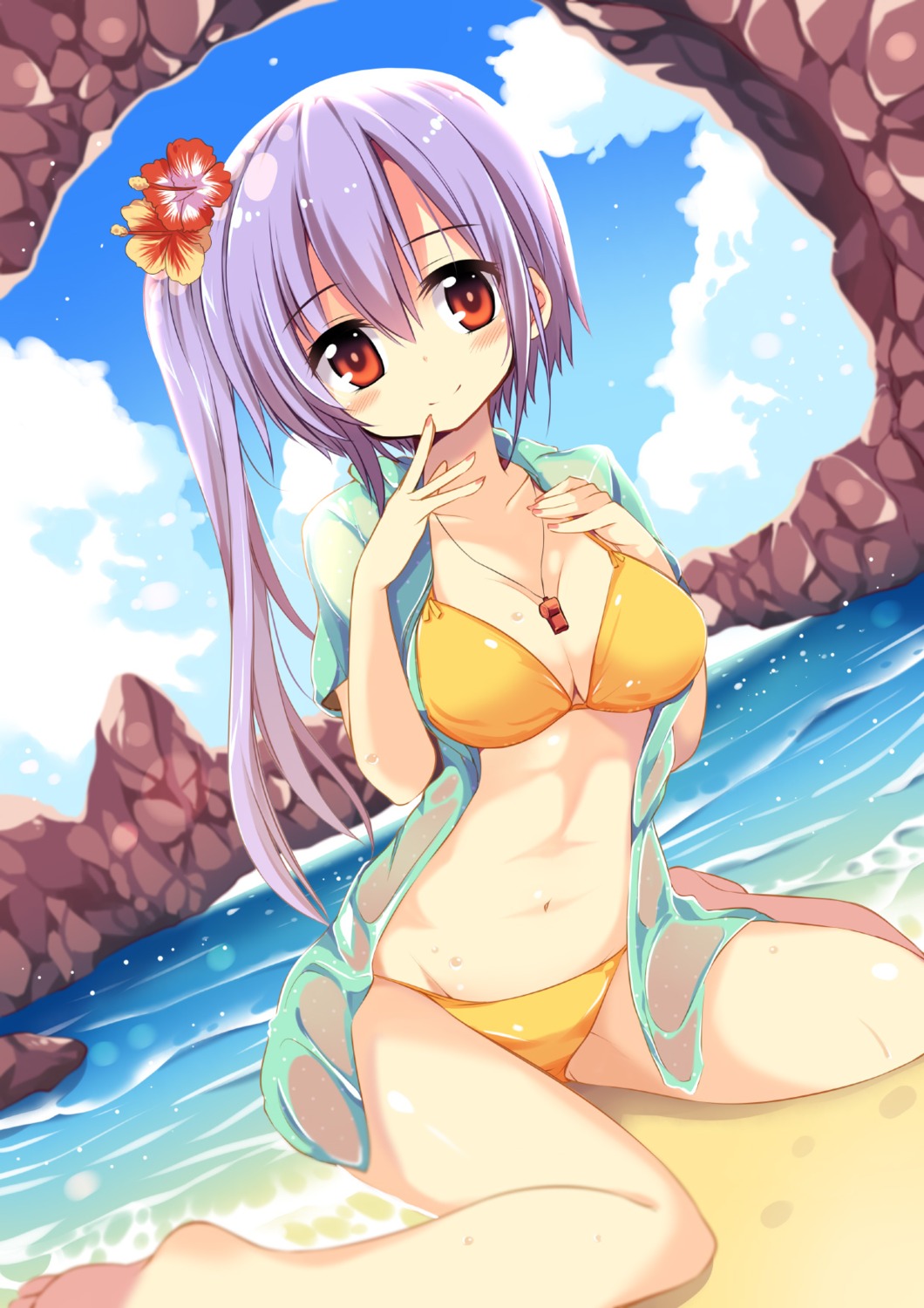 bikini cleavage matsuri_uta open_shirt swimsuits wet_clothes