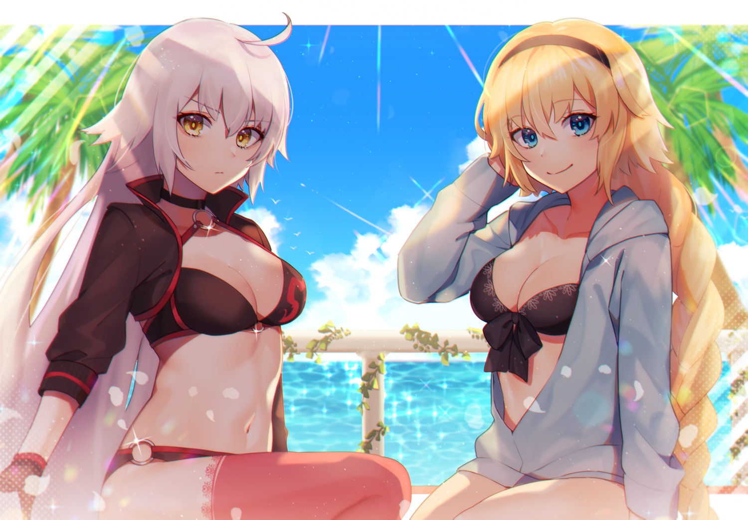 bikini cleavage fate/grand_order jeanne_d'arc jeanne_d'arc_(alter)_(fate) jeanne_d'arc_(fate) open_shirt peta_(snc7) swimsuits thighhighs